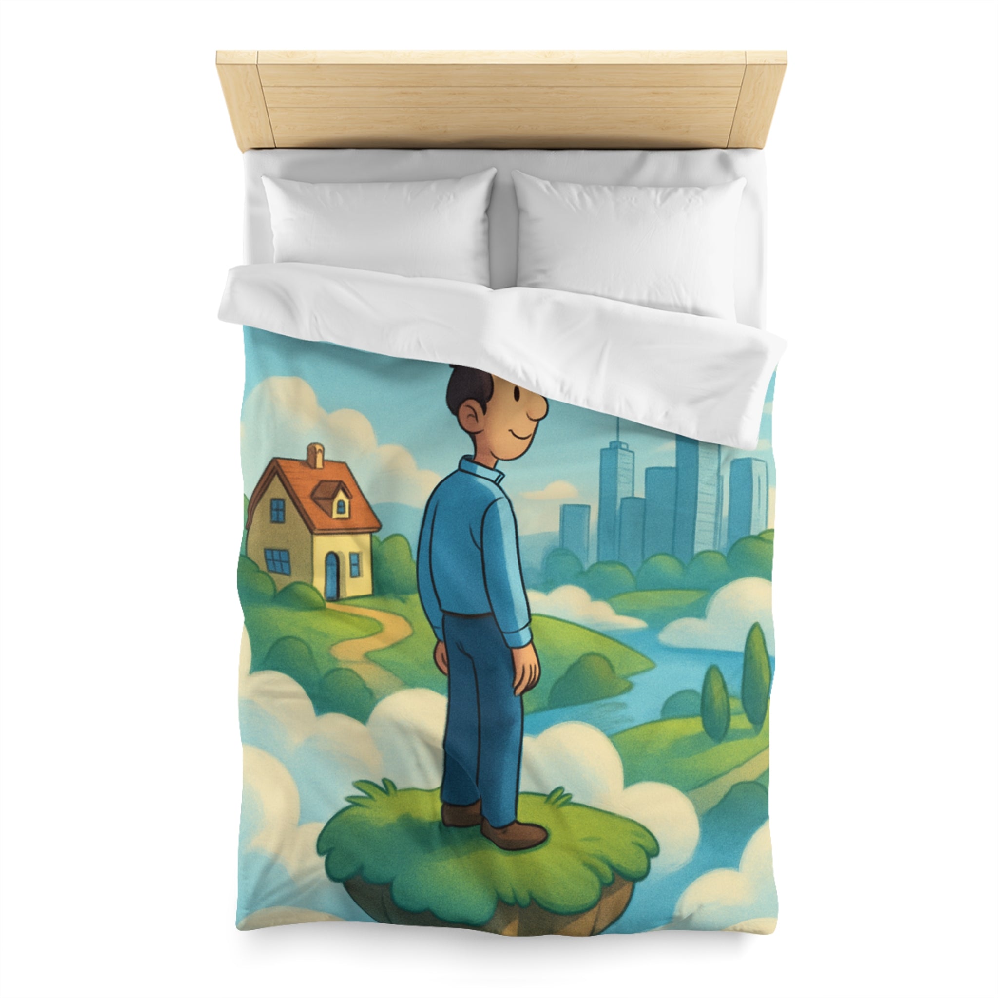 Illustration de rêve serein de paysage flottant avec personnage et ville éloignée