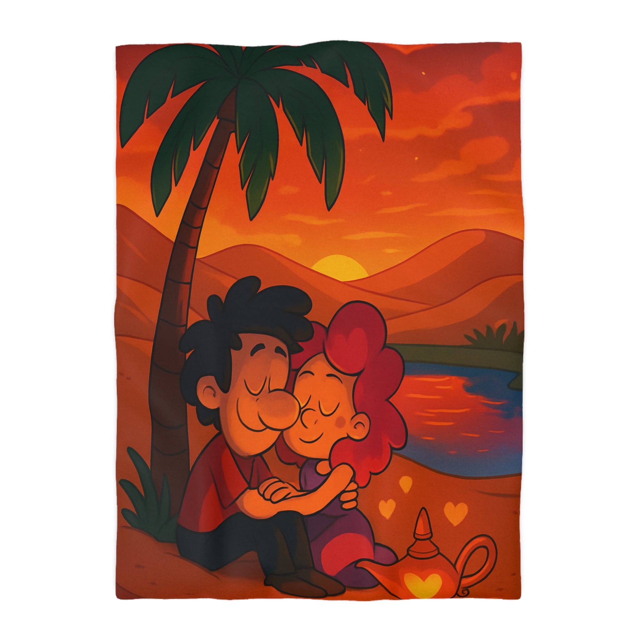 Housse de couette romantique avec couple câlin et coucher de soleil magique désertique