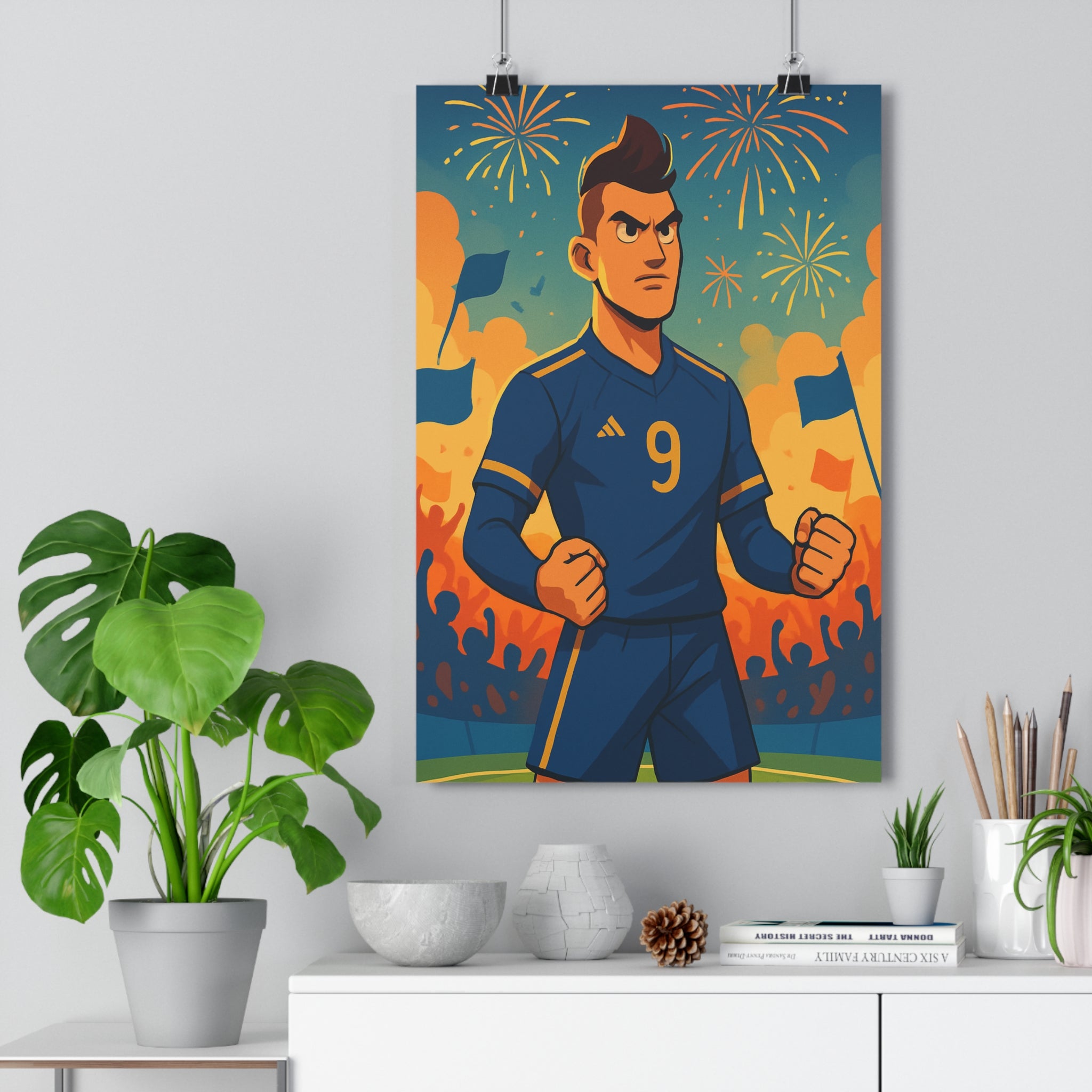 Poster décoratif bleu épique sportif animé festif joueur football chambre salon enthousiasme vibrant 30x46
