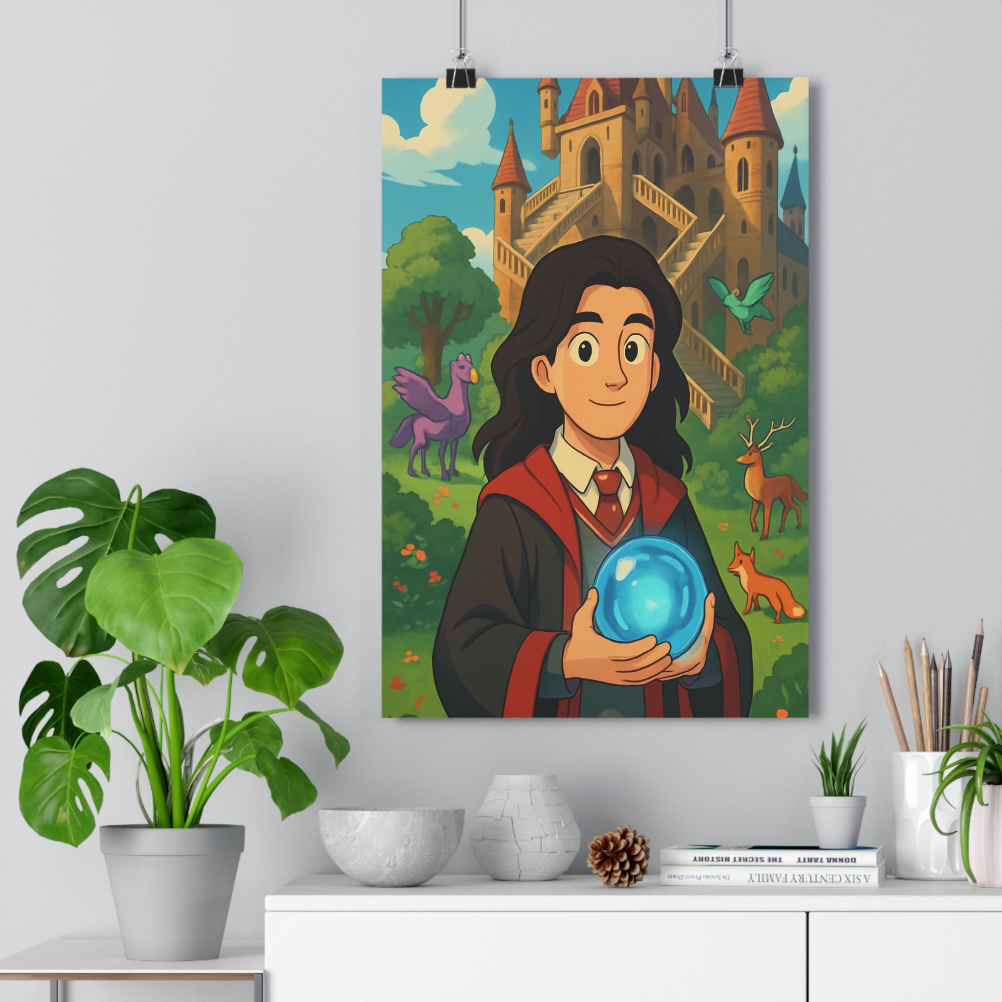 Poster décoratif sorcier orbe lumineux château créatures magiques animé coloré enchanté chambre bureau 30x46