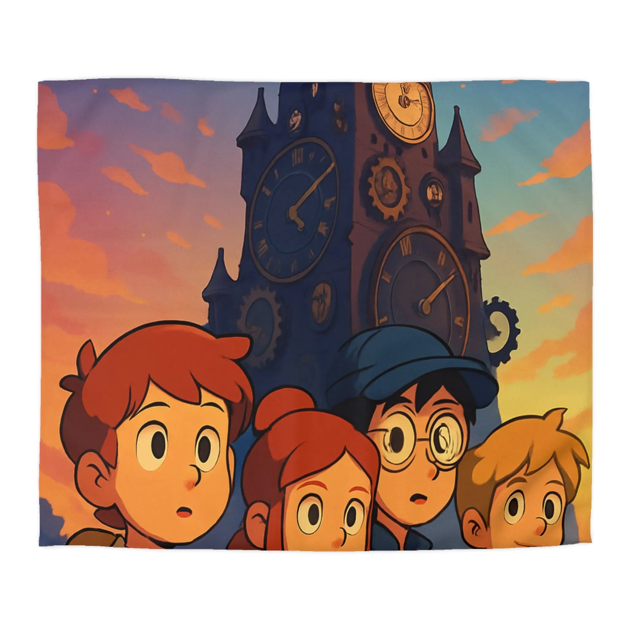 Housse de couette illustrée aventure jeunesse horloges coucher de soleil style animé vibrant