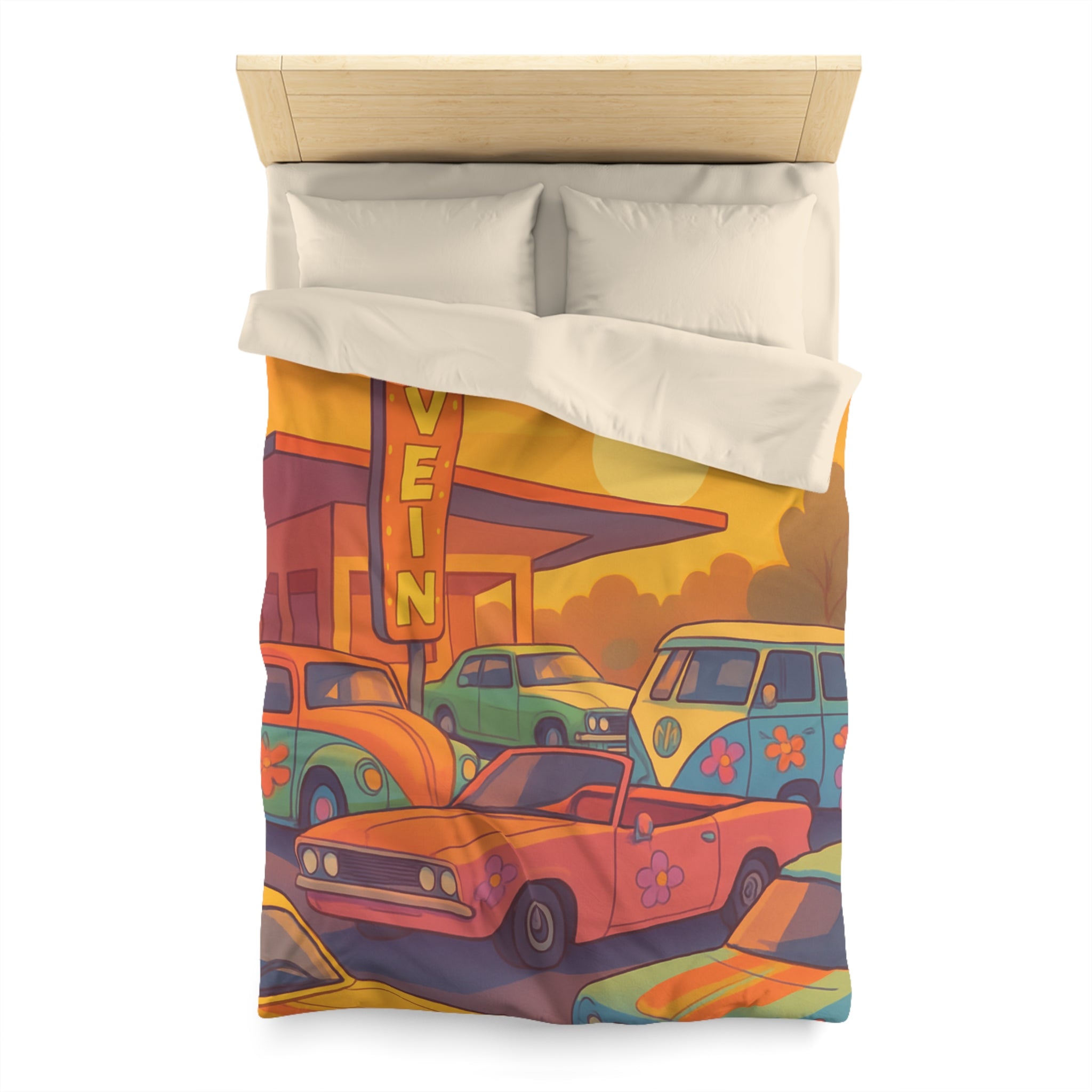 Vintage Style Housse de Couette Avec Anciennes Voitures et Coucher de Soleil Orange