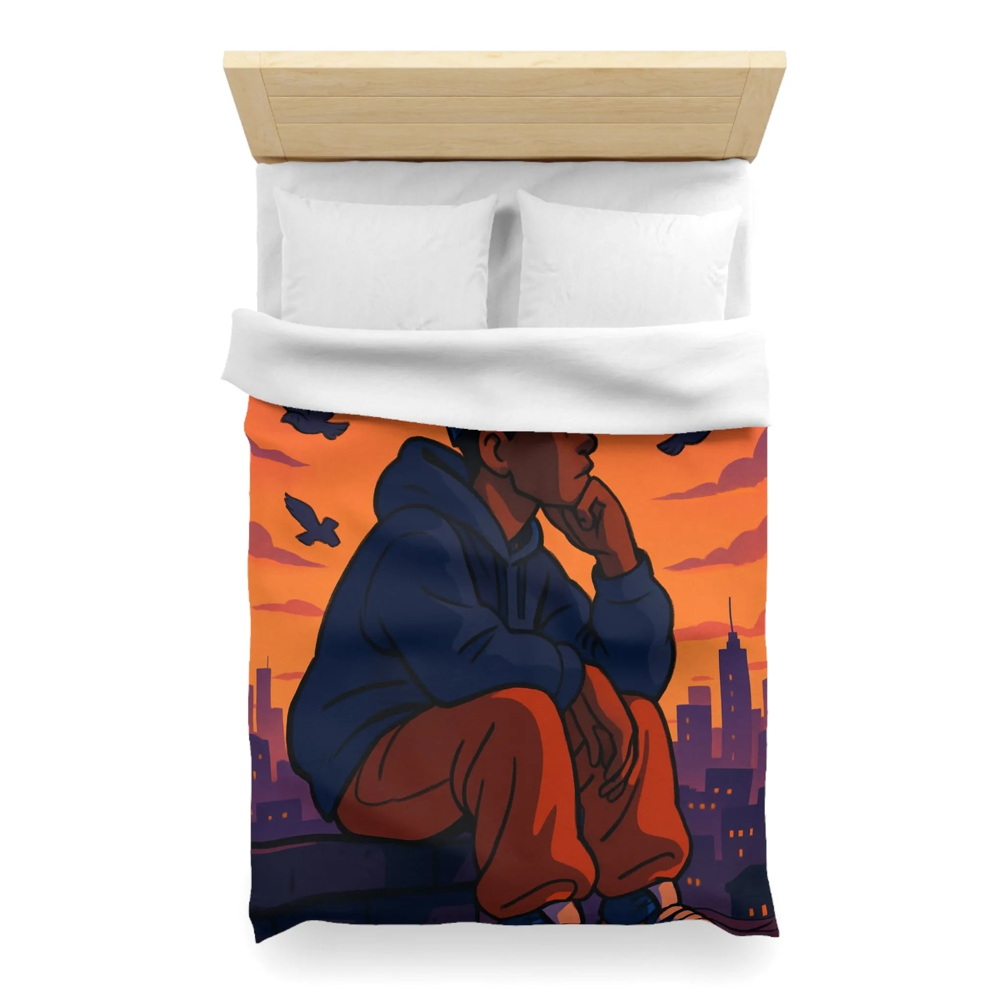 Housse de couette au design urbain moderne avec ciel crépusculaire et silhouette pensive