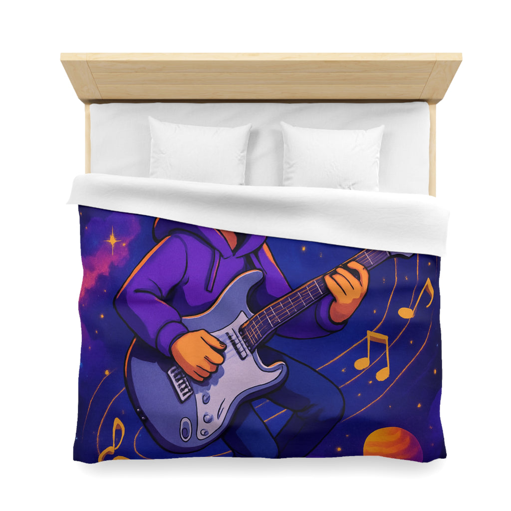 Housse de couette musicale avec planète, guitare et ciel cosmique coloré, ambiance rêveuse