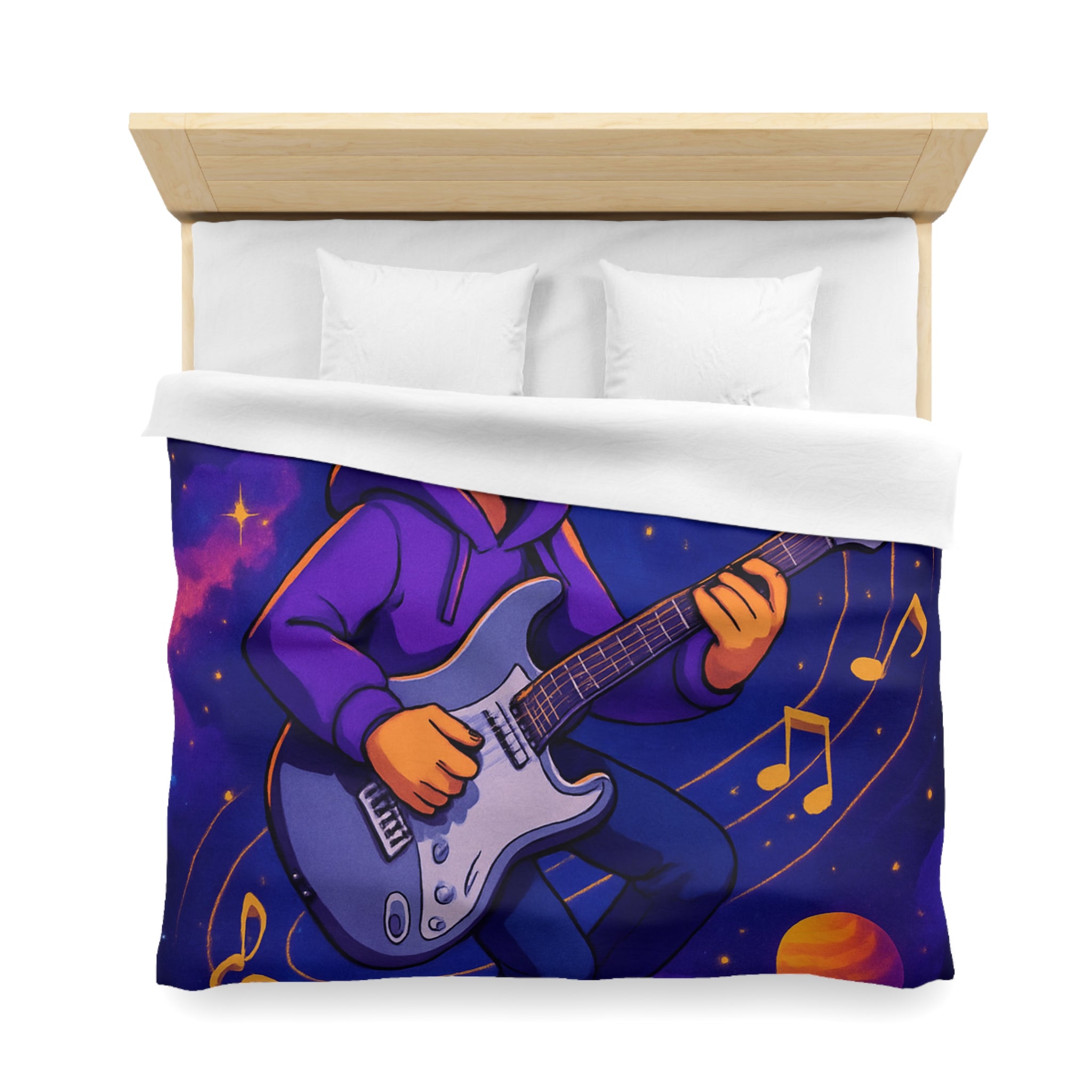 Housse de couette musicale avec planète, guitare et ciel cosmique coloré, ambiance rêveuse