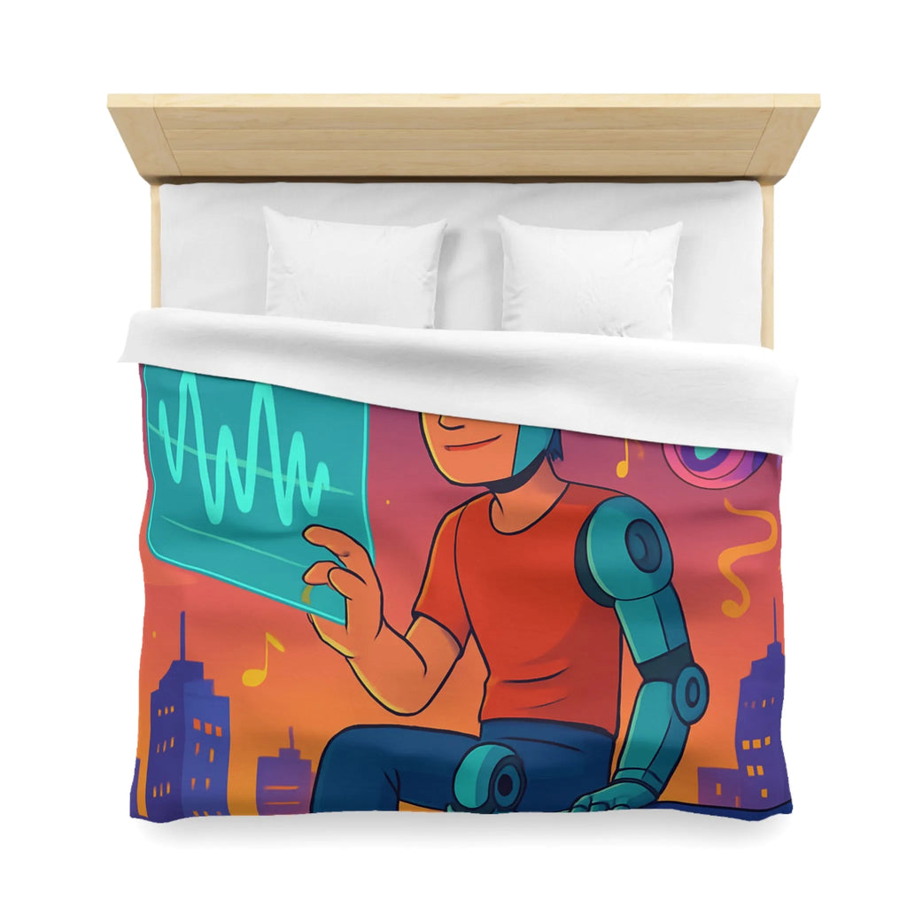 Housse de couette illustrée avec robot et skyline de nuit vibrante et colorée