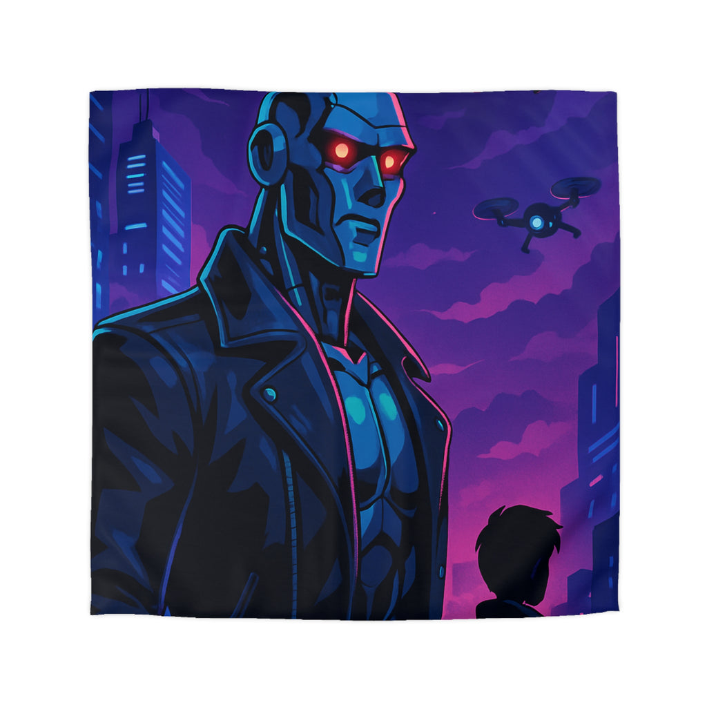 Housse de couette style néon avec robot futuriste et drones en ville de nuit
