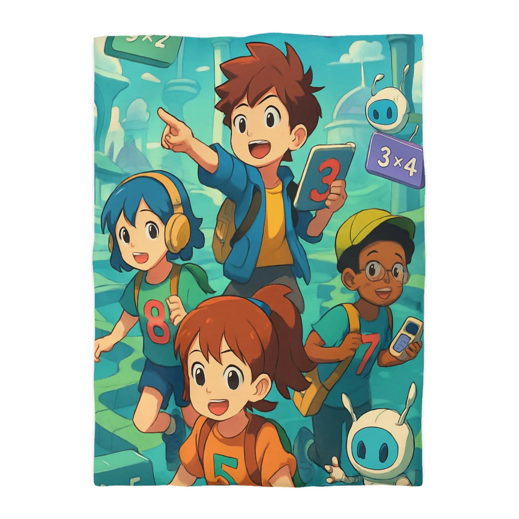 Housse de couette éducative enfants avec chiffres, robots et arrière-plan de labyrinthe coloré