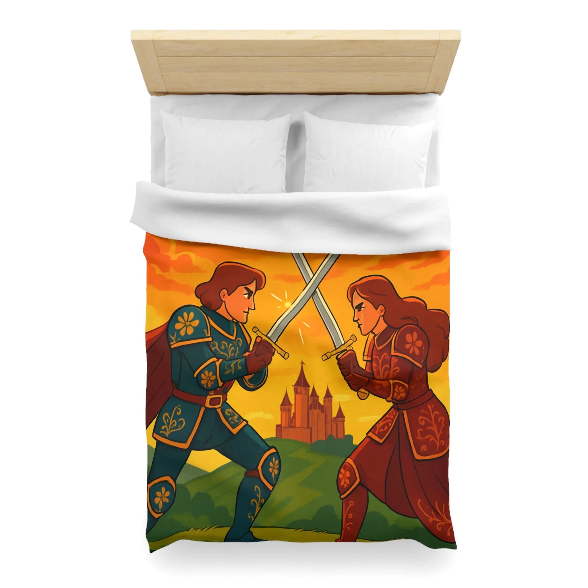 Épique housse de couette avec chevaliers médiévaux, châteaux et ciel flamboyant