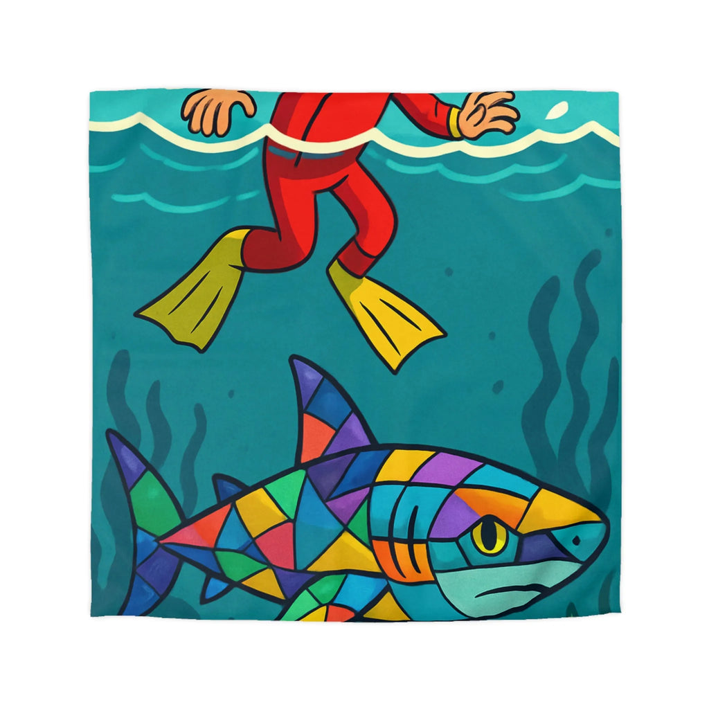 Housse de couette colorée avec plongeur effrayé et requin multicolore