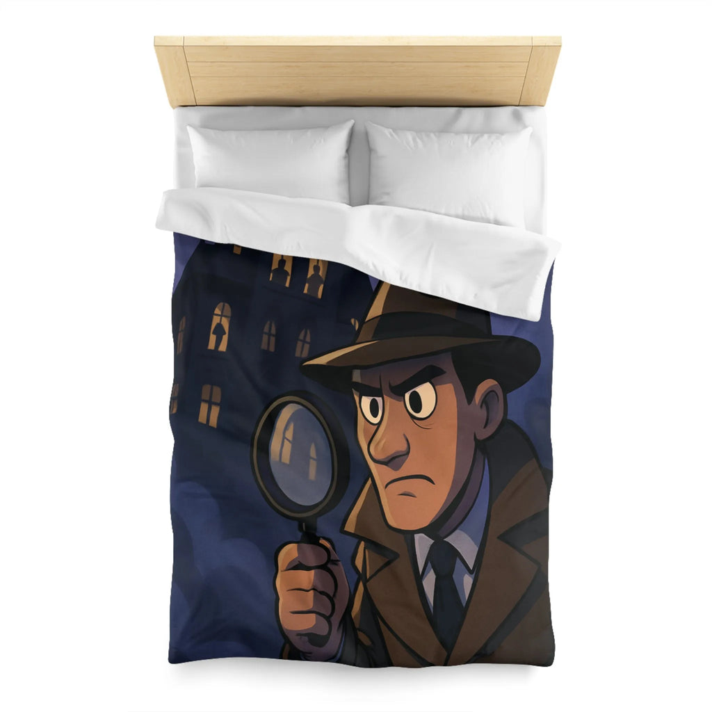 Housse de couette avec détective en enquête devant un manoir hanté mystérieux
