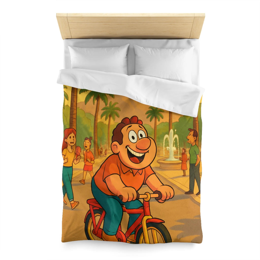 Housse de Couette Cartoon Joyeuse avec Cycliste dans un Parc Tropical et Fontaine