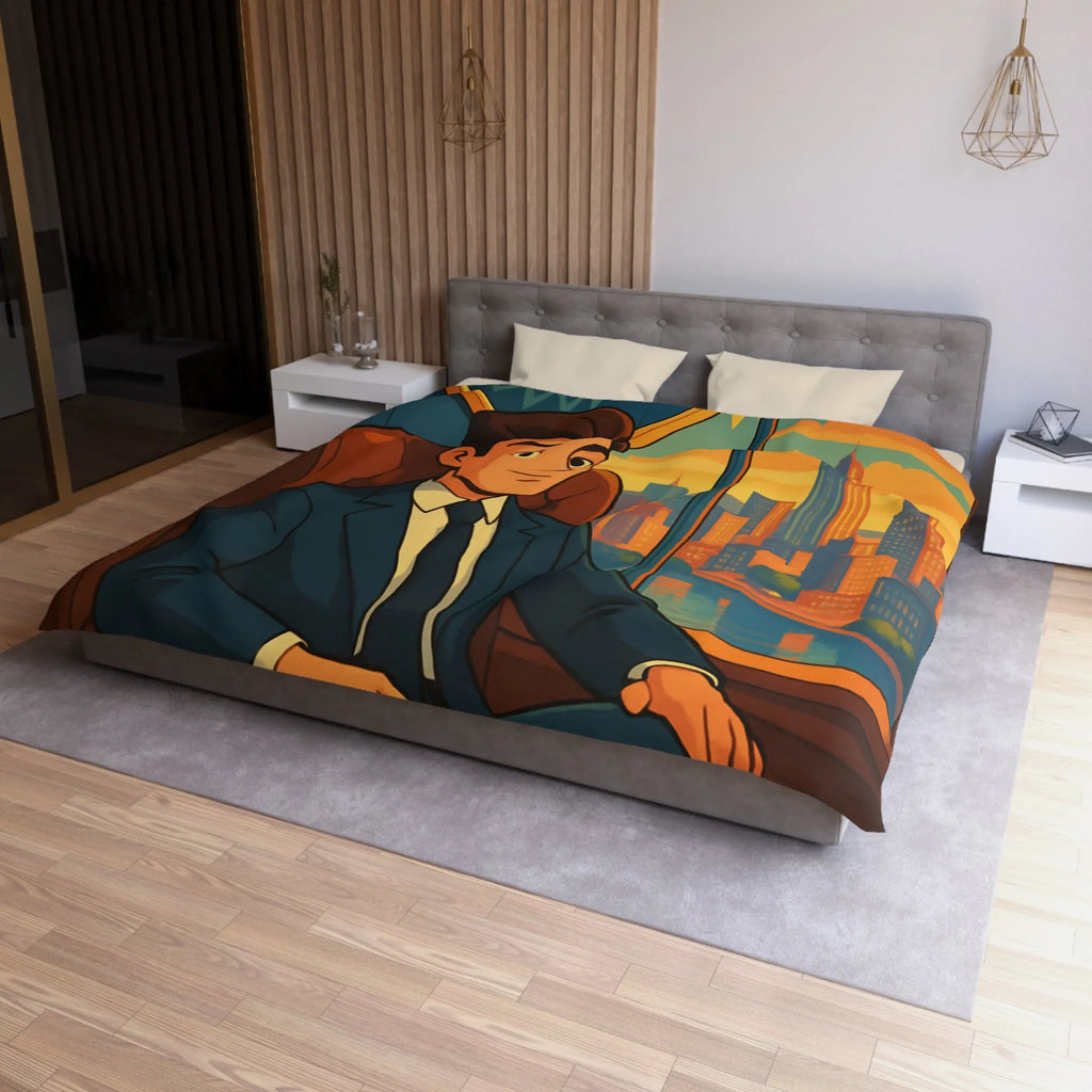 Élégante housse de couette avec homme d'affaires et horizon urbain stylisé en coucher de soleil