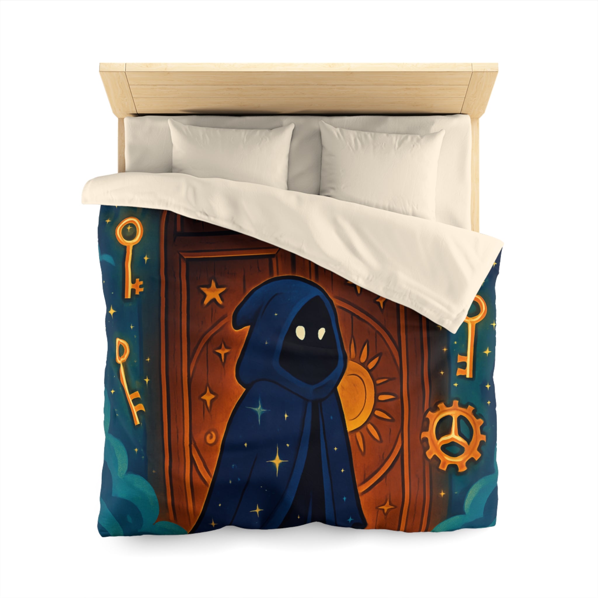 Housse de couette mystique avec capuche étoilée, porte magique et clés dorées