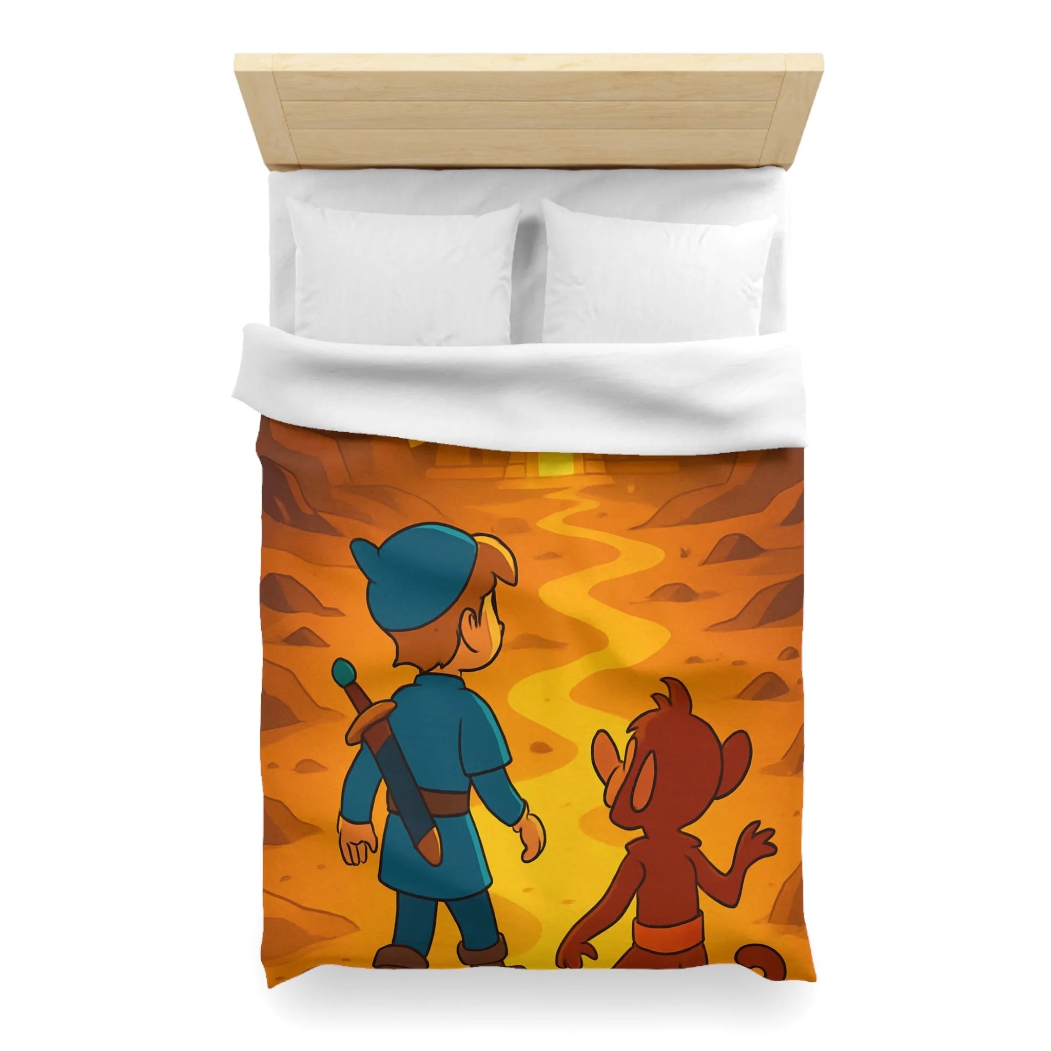 Housse de Couette Aventure Épique Enfantine avec Enfant et Singe dans Désert Mystique