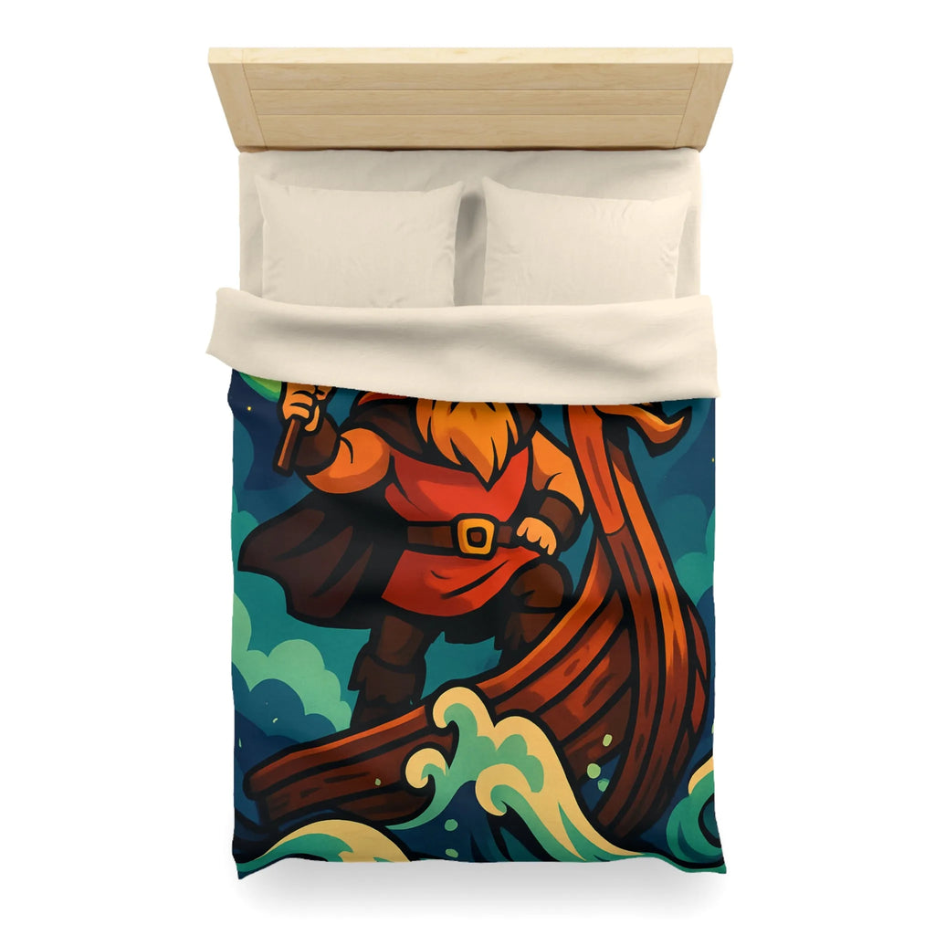 Housse de couette illustrée avec guerrier viking sur drakkar et aurores boréales