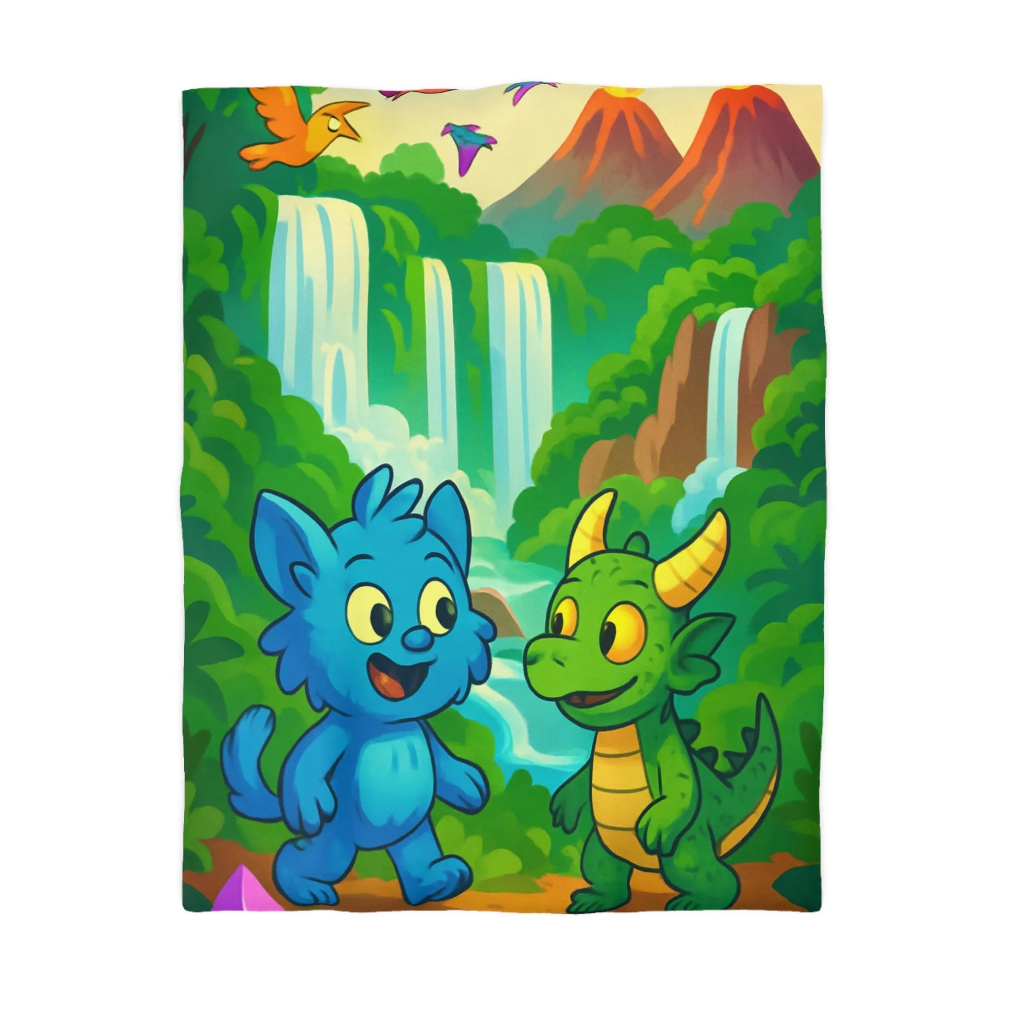 Housse de Couette Fantaisie Enfants Avec Animaux et Paysage Magique Coloré Vert et Bleu