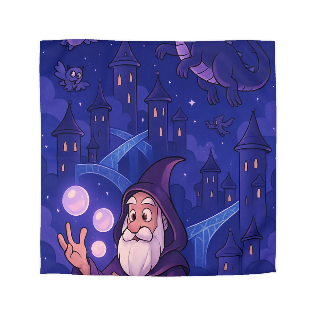 Housse de couette magique avec dragon violet, hiboux et sorcier devant château