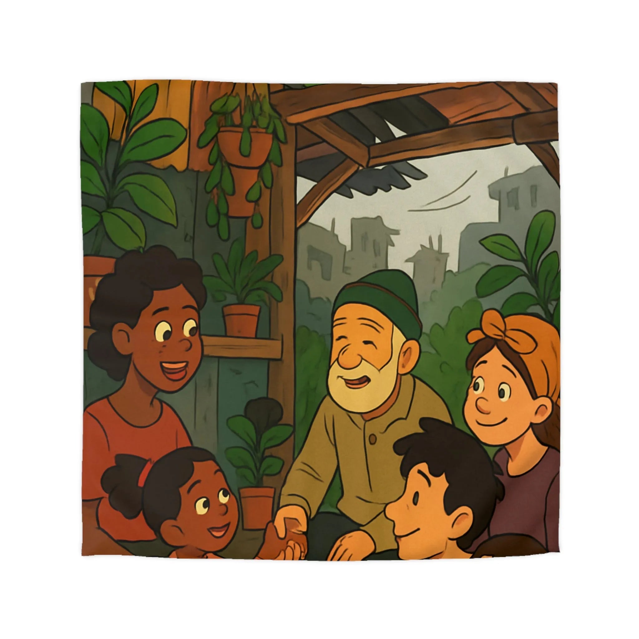 Housse de Couette Enfant avec Illustration Amusante de Famille dans un Jardin Urbain