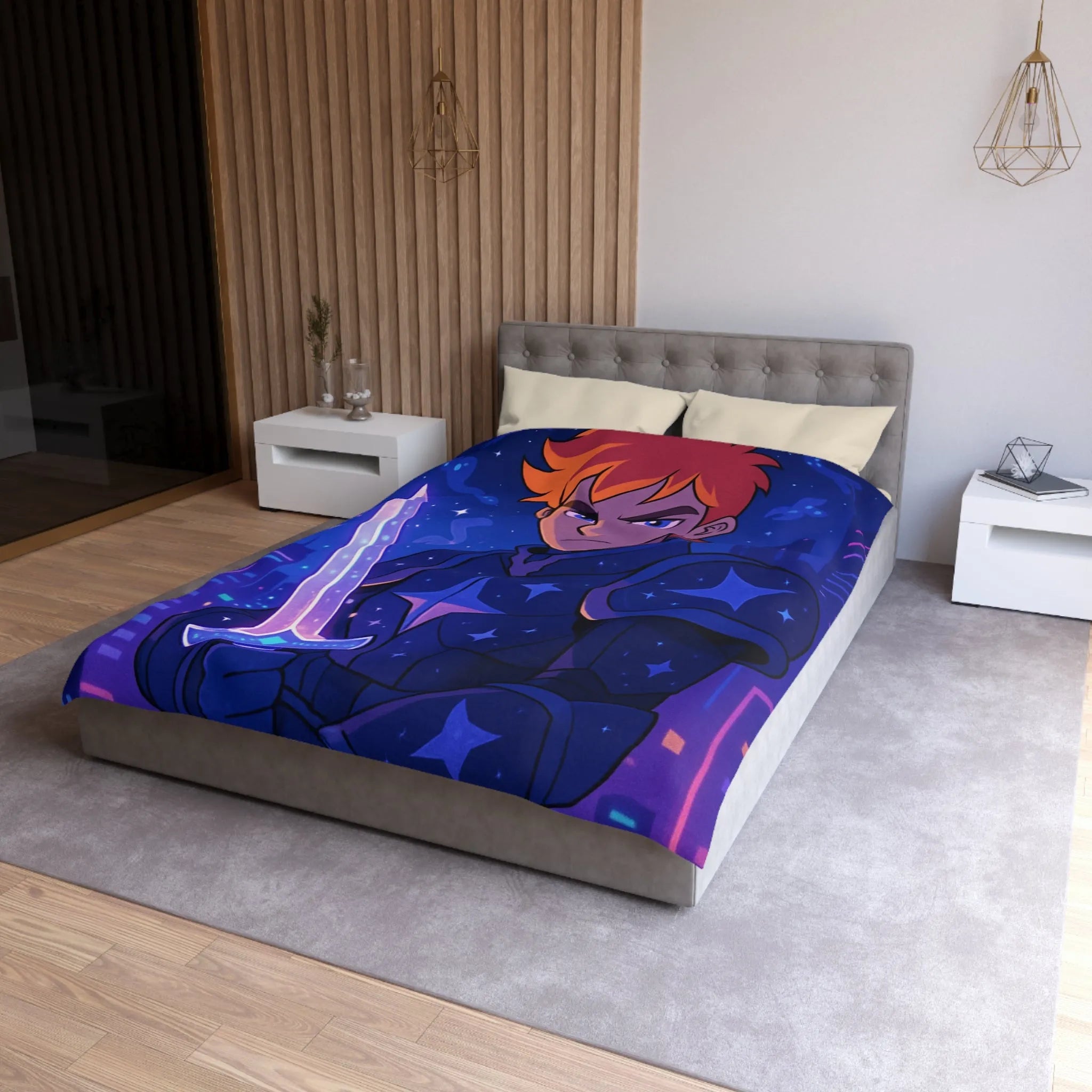Housse de couette galactique avec chevalier et skyline futuriste pour chambre moderne