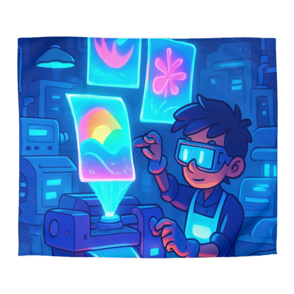 Housse de couette avec design futuriste lumineux d'imprimante et personnage créatif
