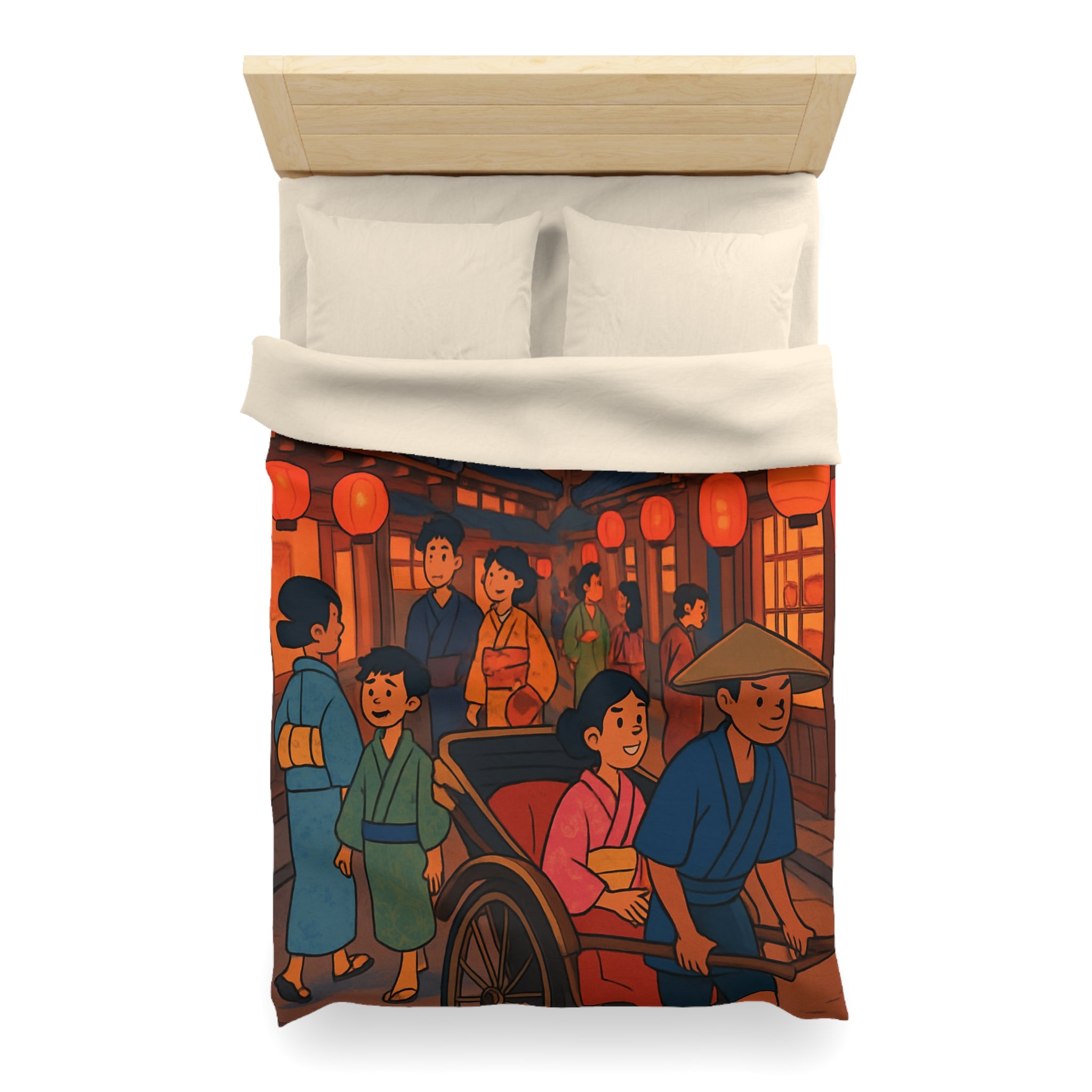 Housse de couette nocturne rouge et jaune avec lanterne et scène japonaise animée