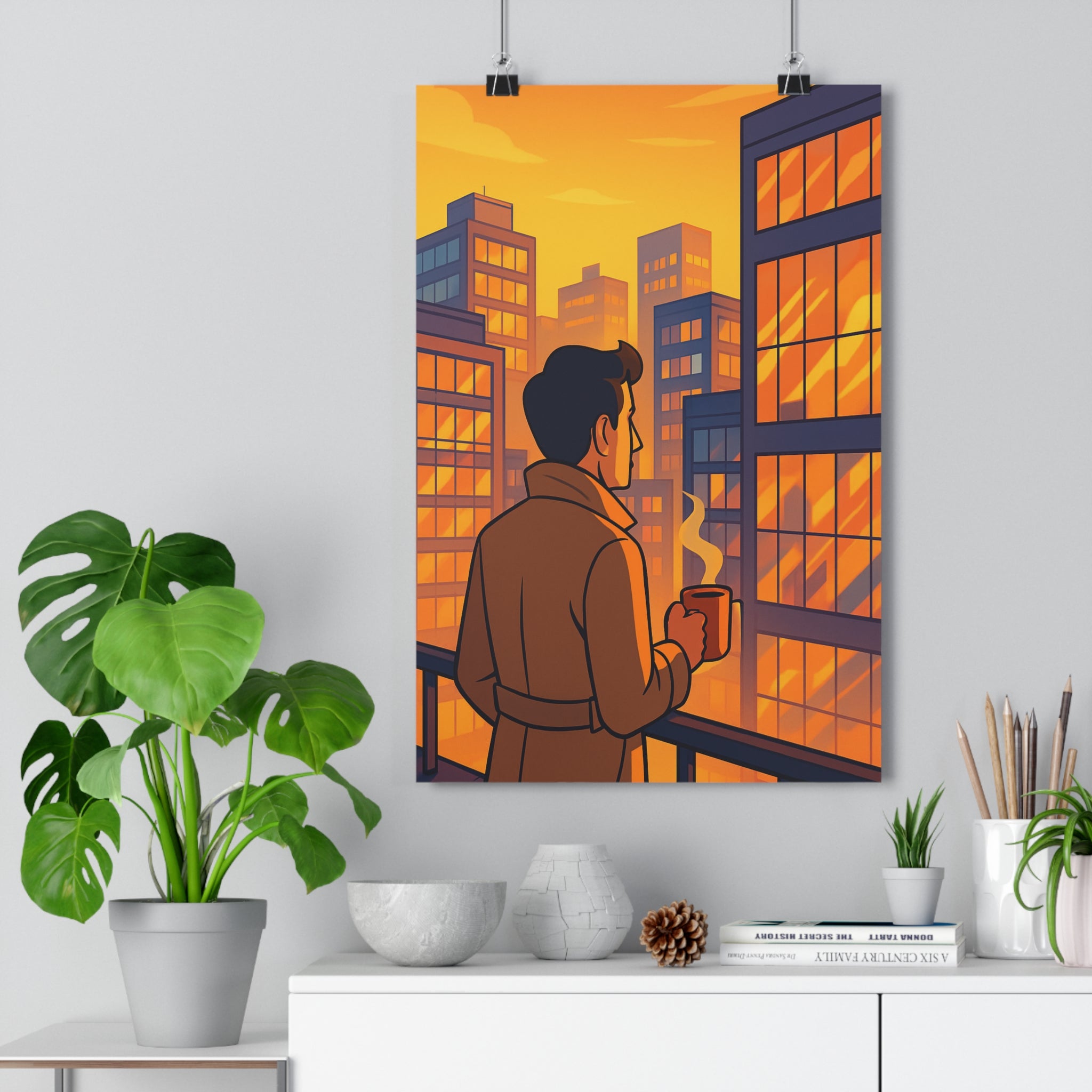 Poster décoratif rétro paysage urbain orange jaune chaleureux salon animé années 70 unique nostalgique