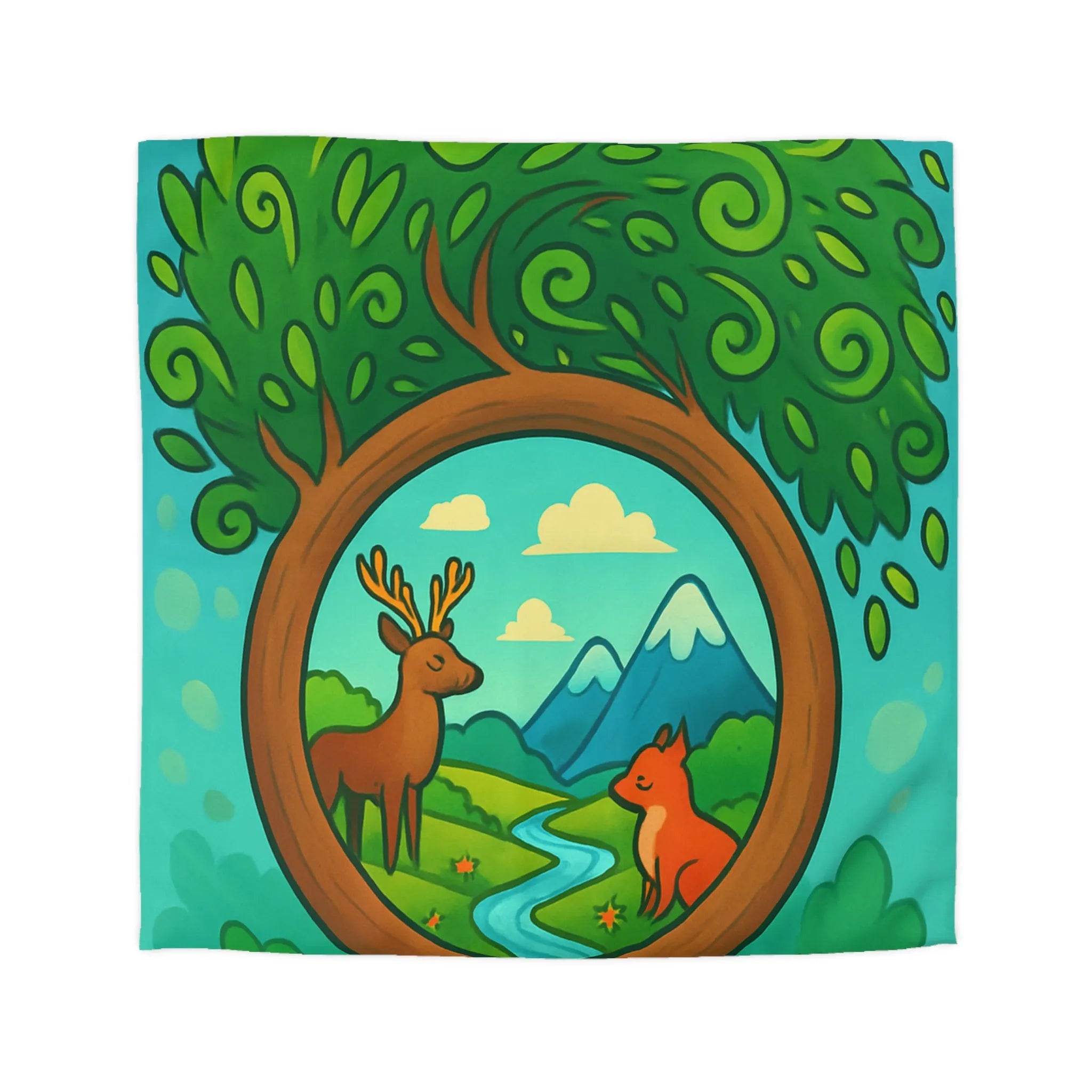 Housse de couette forêt magique avec cerf et renard, design nature peint à la main