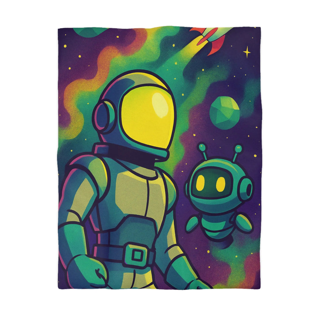 Housse de couette enfant espace avec cosmonaute et robot mignon en couleurs vives