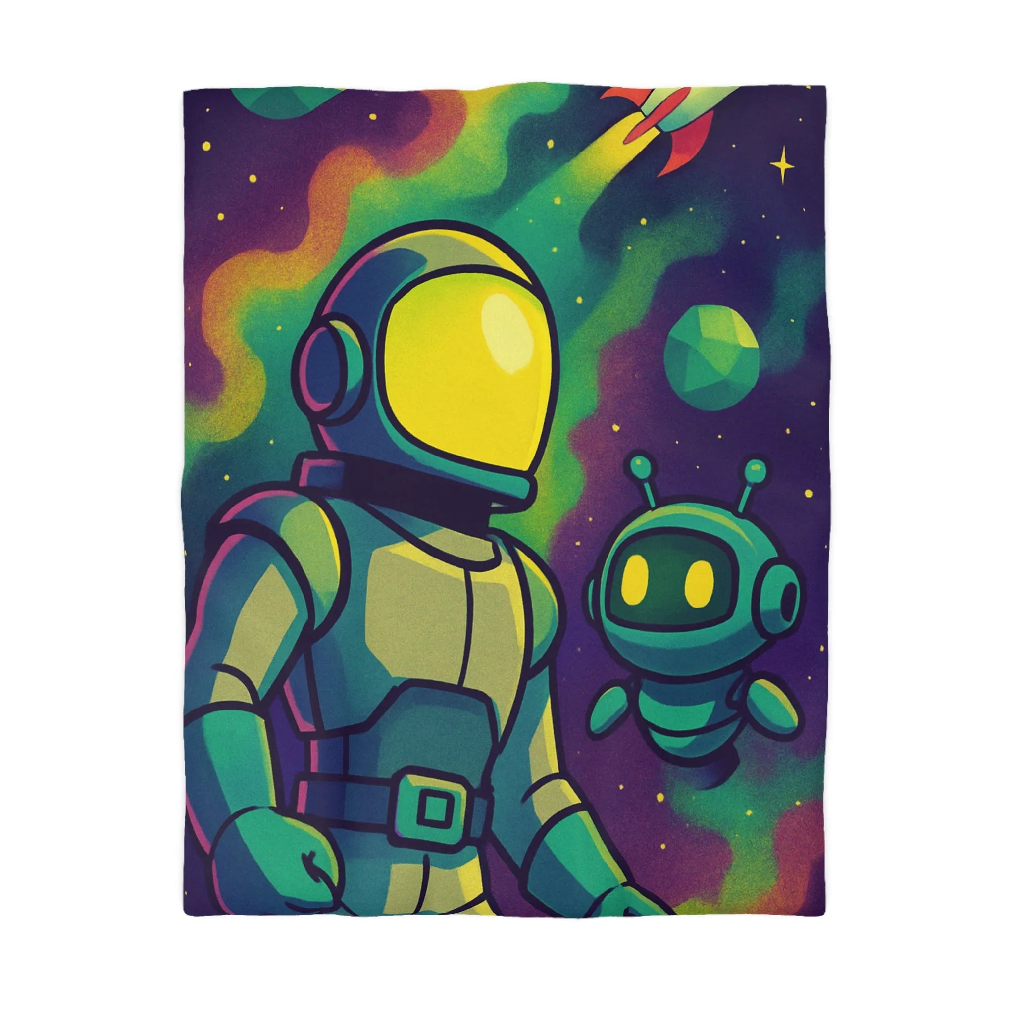 Housse de couette enfant espace avec cosmonaute et robot mignon en couleurs vives