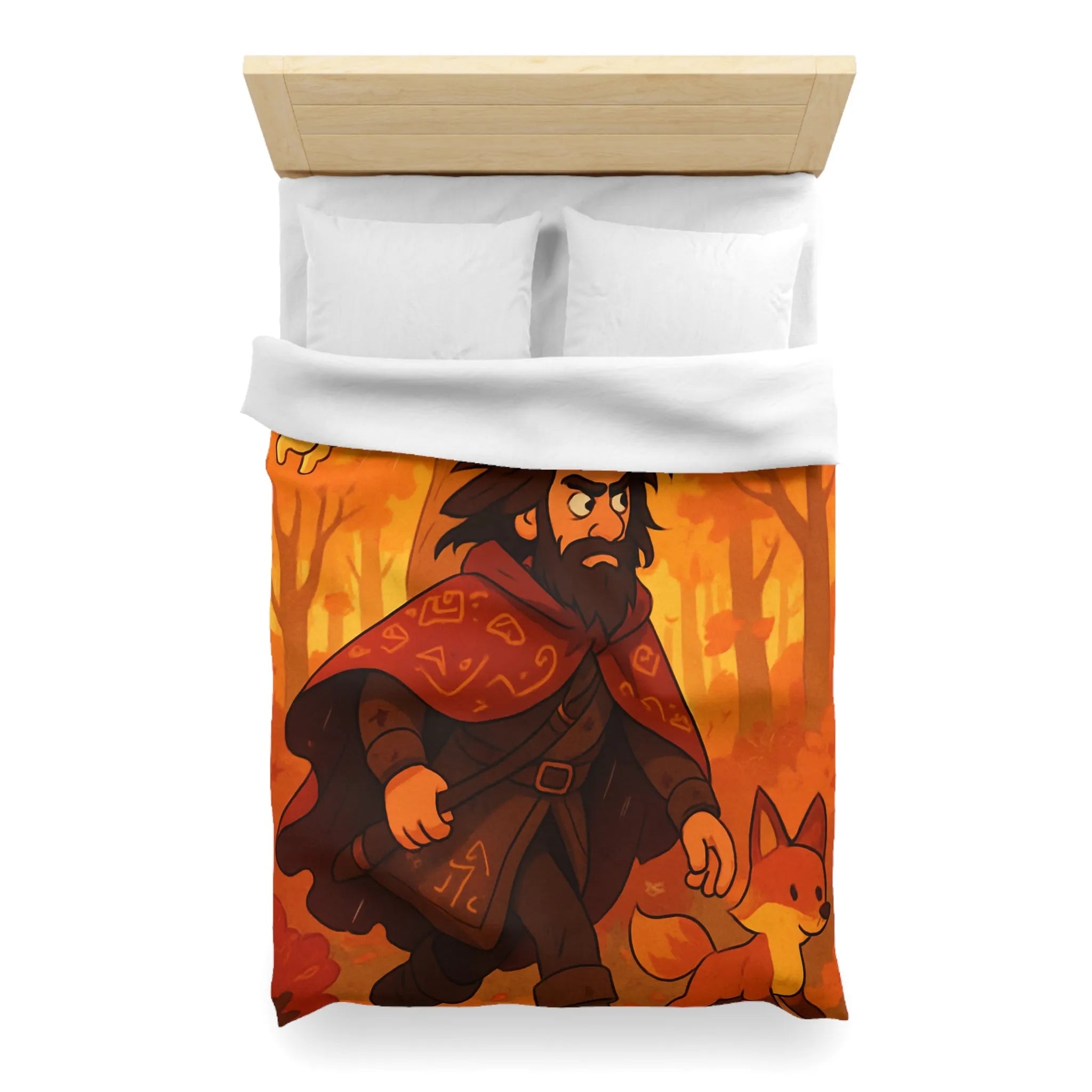 Housse de Couette Artistique avec Forêt Mystique d'Automne, Homme Barbu et Animaux Joyeux