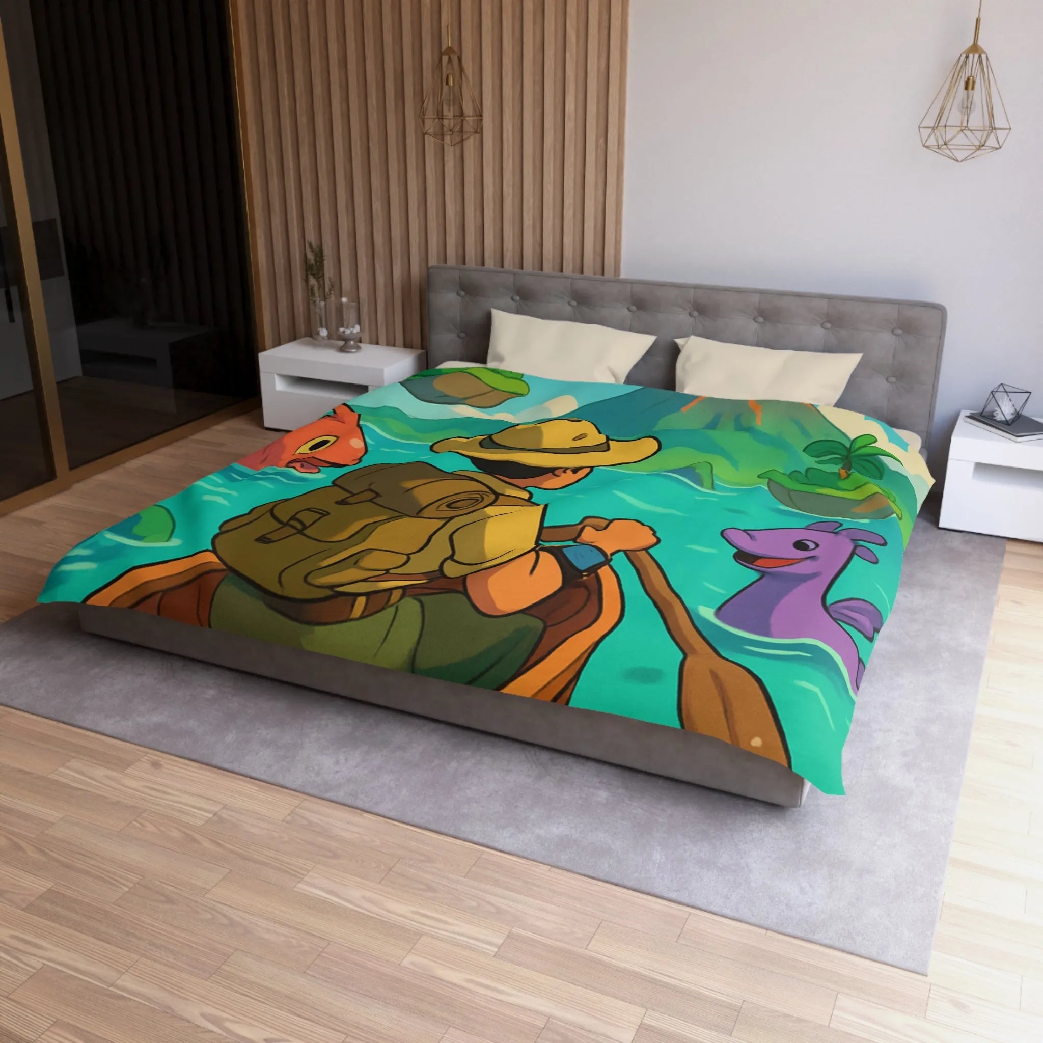 Housse de couette île volcanique exotique avec aventurier et créatures marines colorées