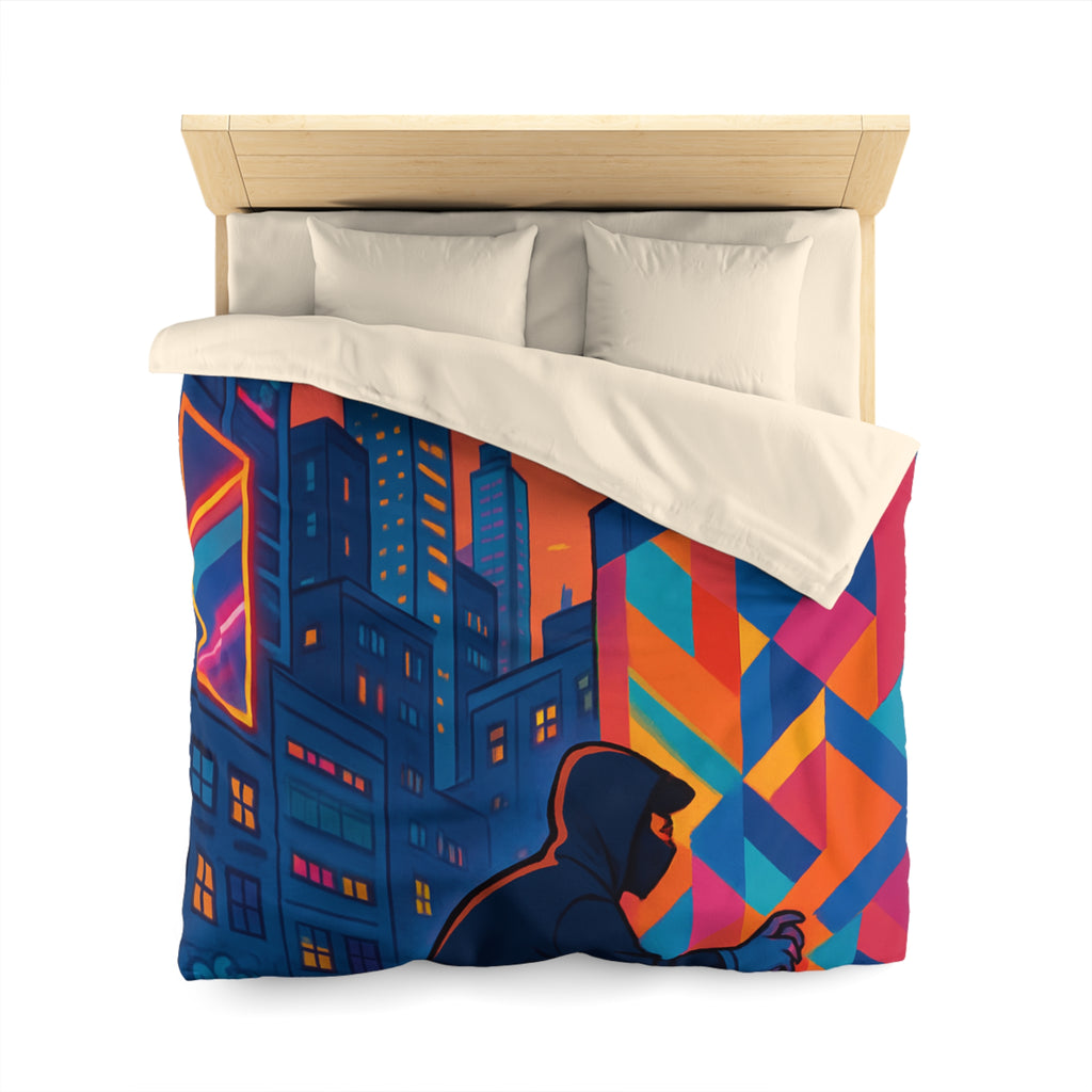 Housse de couette urbaine multicolore graffiti avec gratte-ciel et ciel crépusculaire