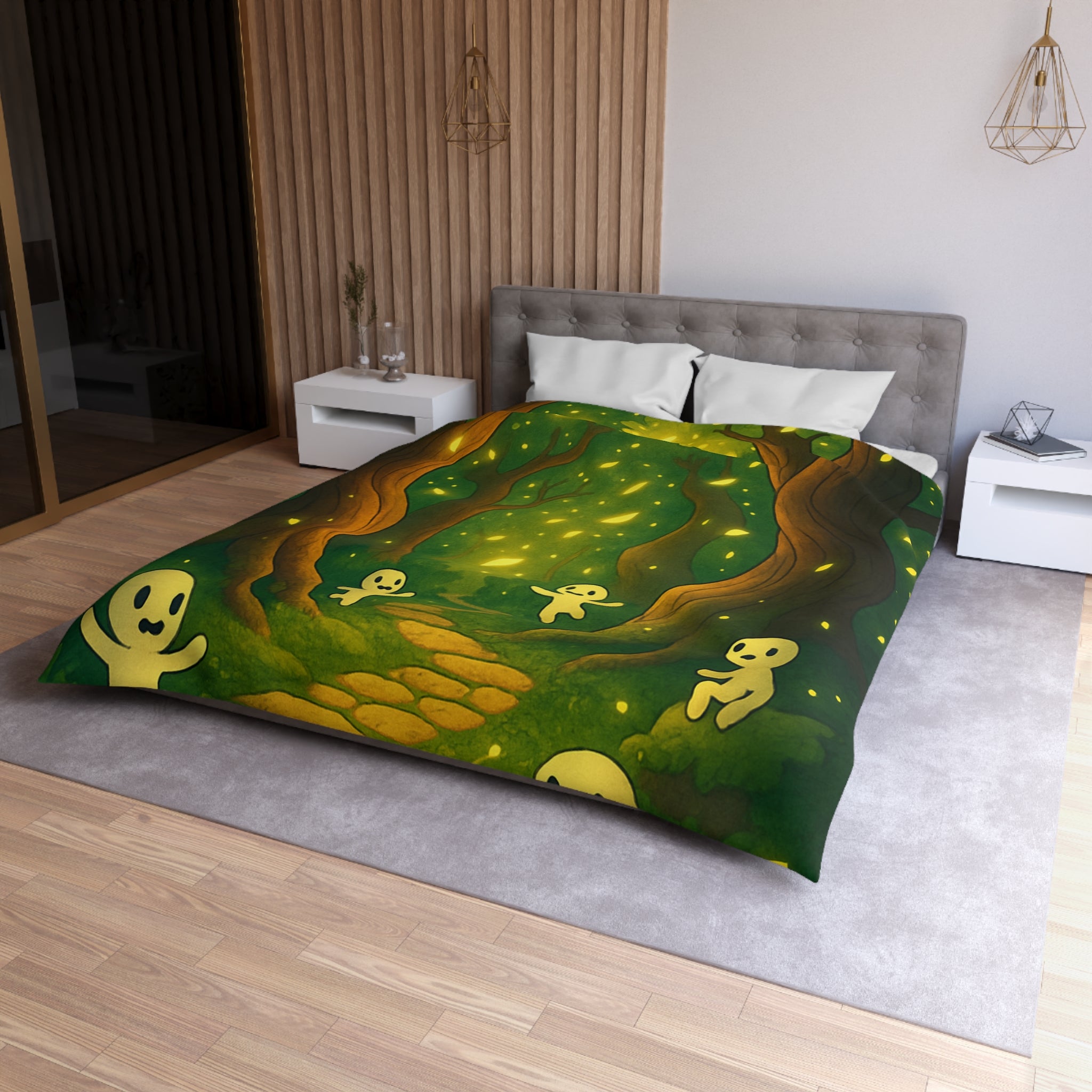 Housse de couette motif forêt magique avec créatures lumineuses ambiance apaisante