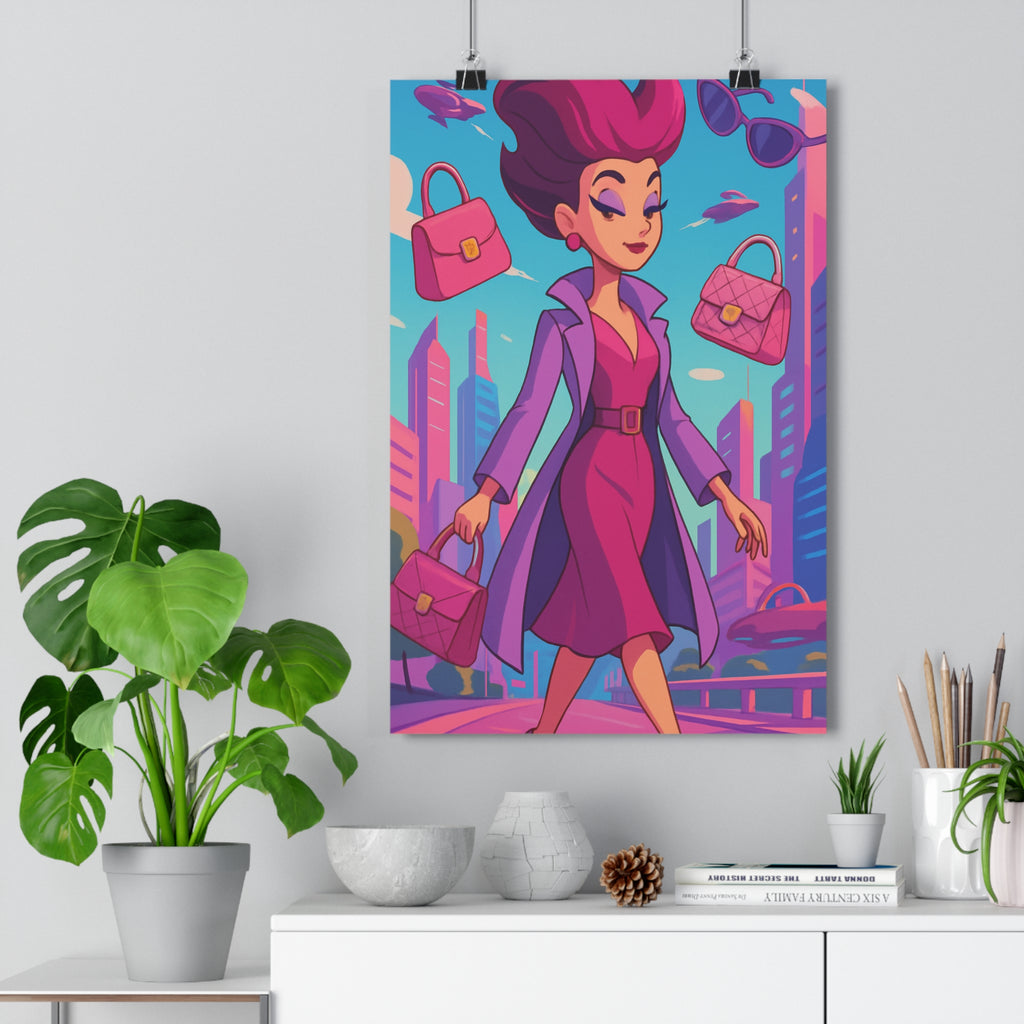 Poster décoratif moderne femme élégante rose violet animation futuriste néon pastel ville ambiance chambre