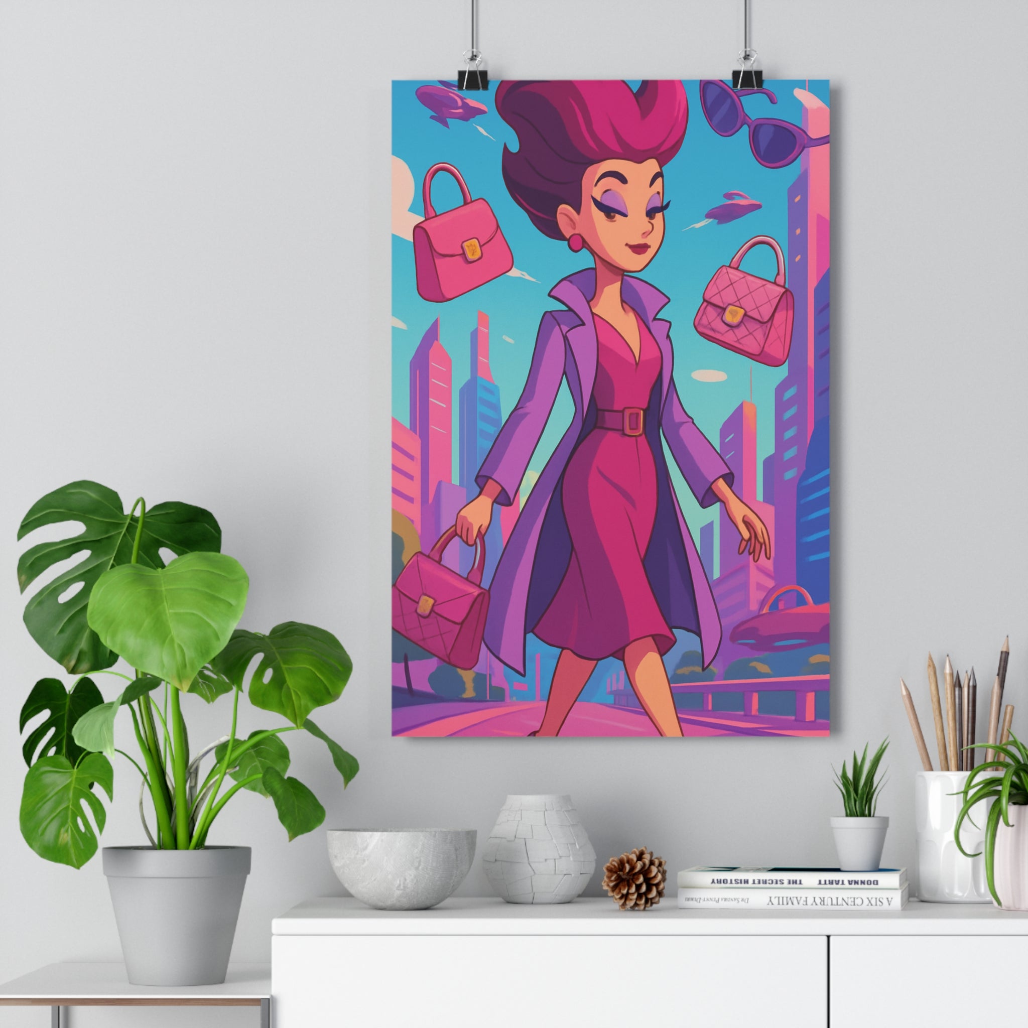 Poster décoratif moderne femme élégante rose violet animation futuriste néon pastel ville ambiance chambre