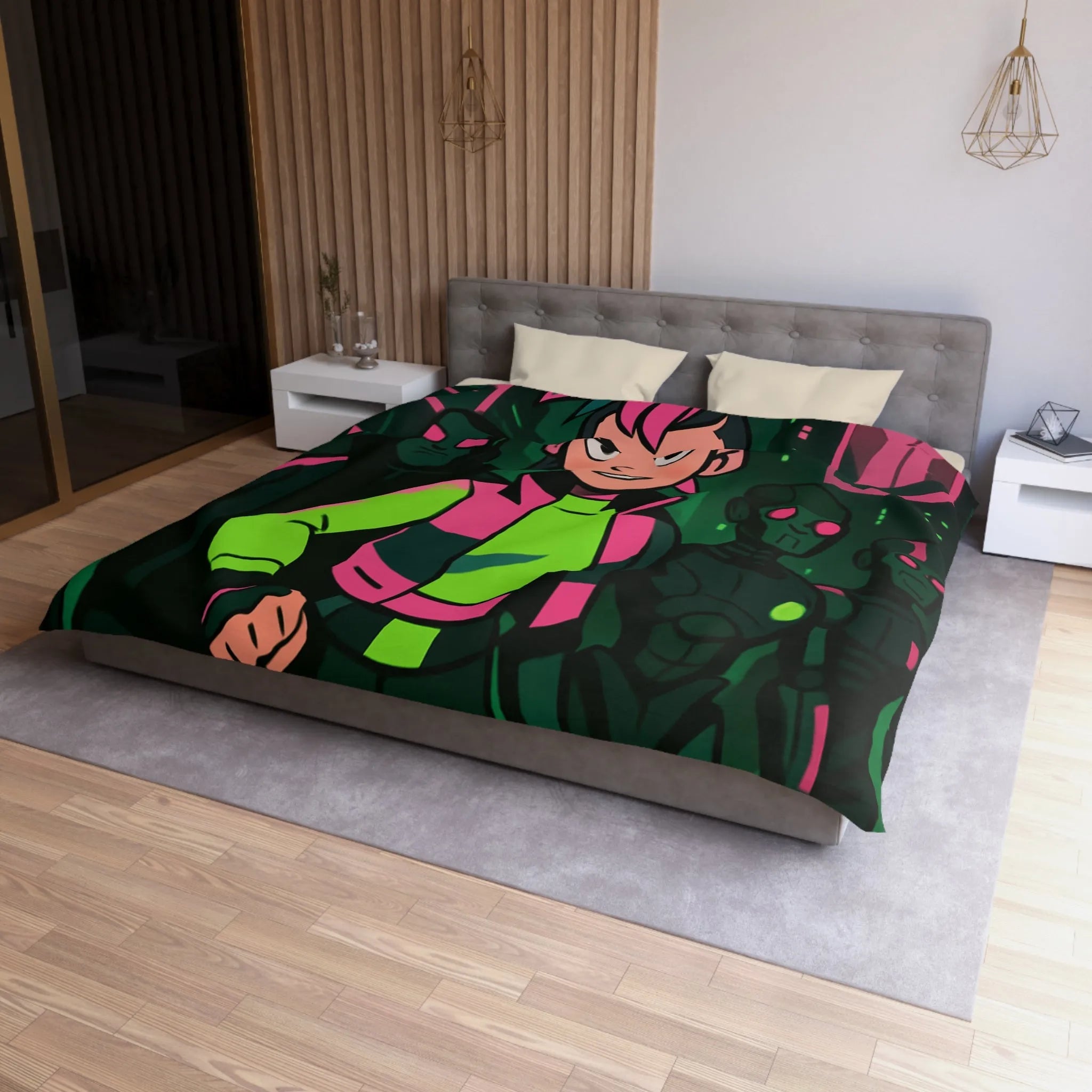 Housse de couette fluorescente cyberpunk avec motif de rébellion et paysage urbain futuriste