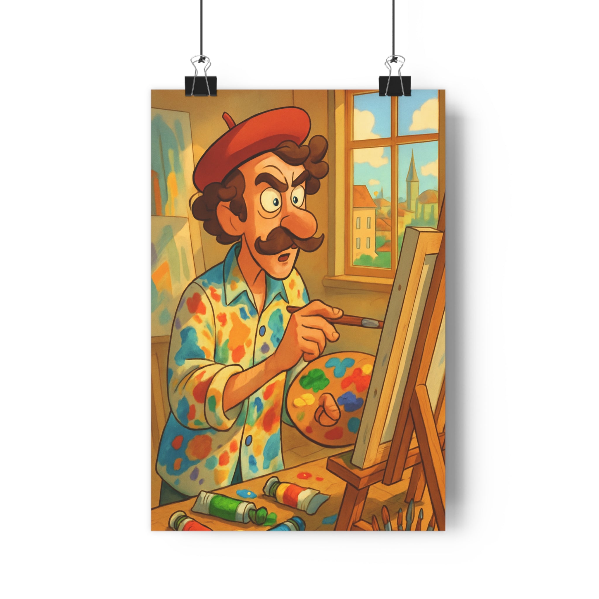 Poster décoratif cartoon coloré vibrant joyeux salon chambre artiste peinture moustachu béret urbain qualité