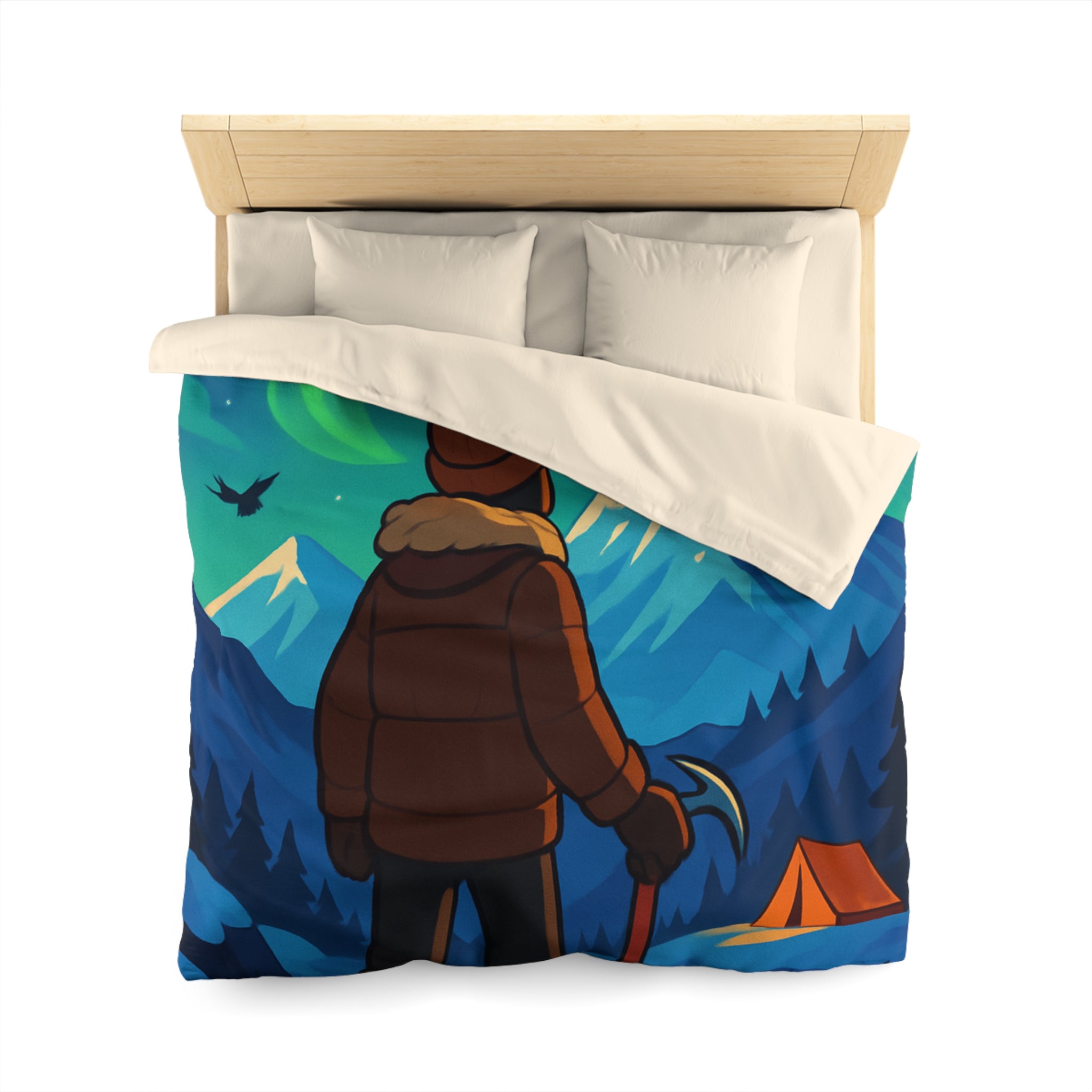 Housse de couette montagne avec aurore boréale, explorateur et tente lumineuse