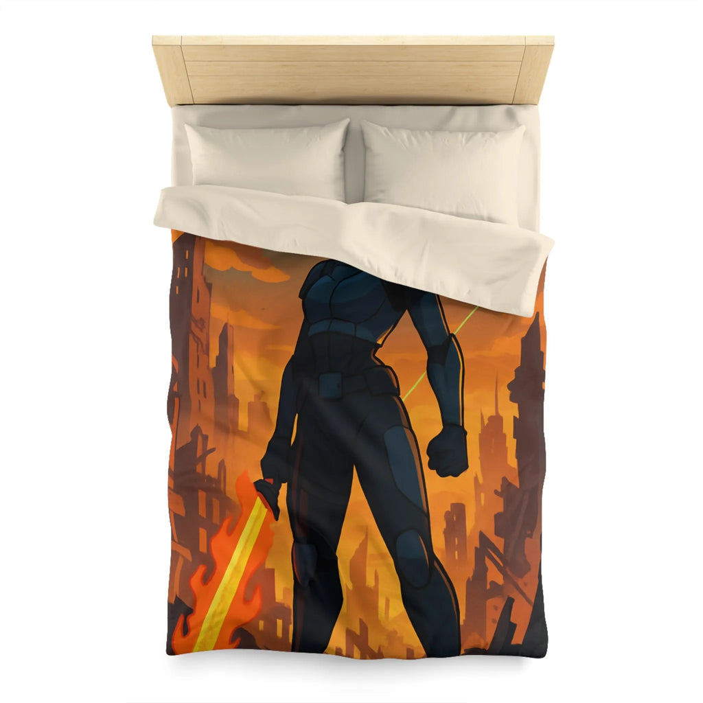 Housse de couette héroïque avec guerrier futuriste, drones volants et paysage apocalyptique