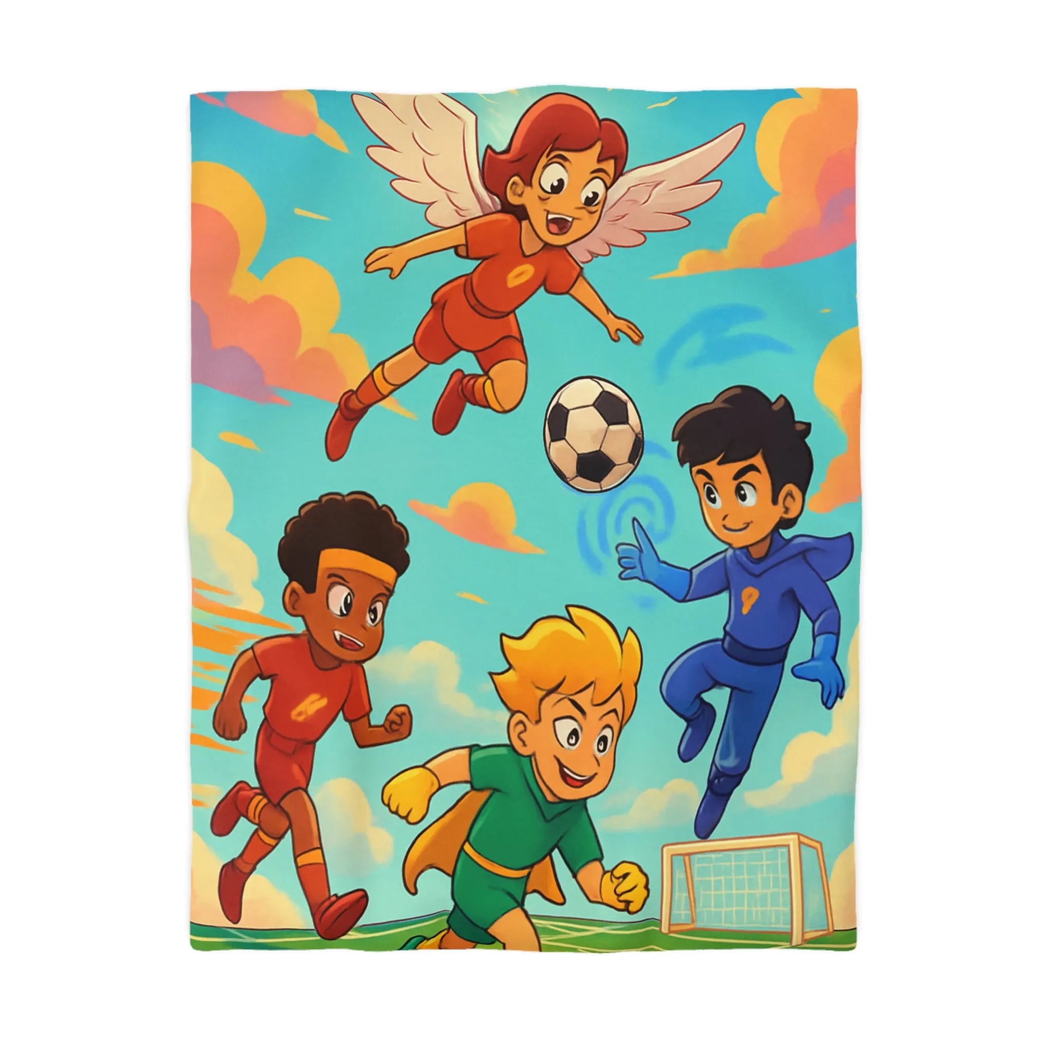 Housse de couette colorée avec enfants jouant au football dans un style cartoon céleste
