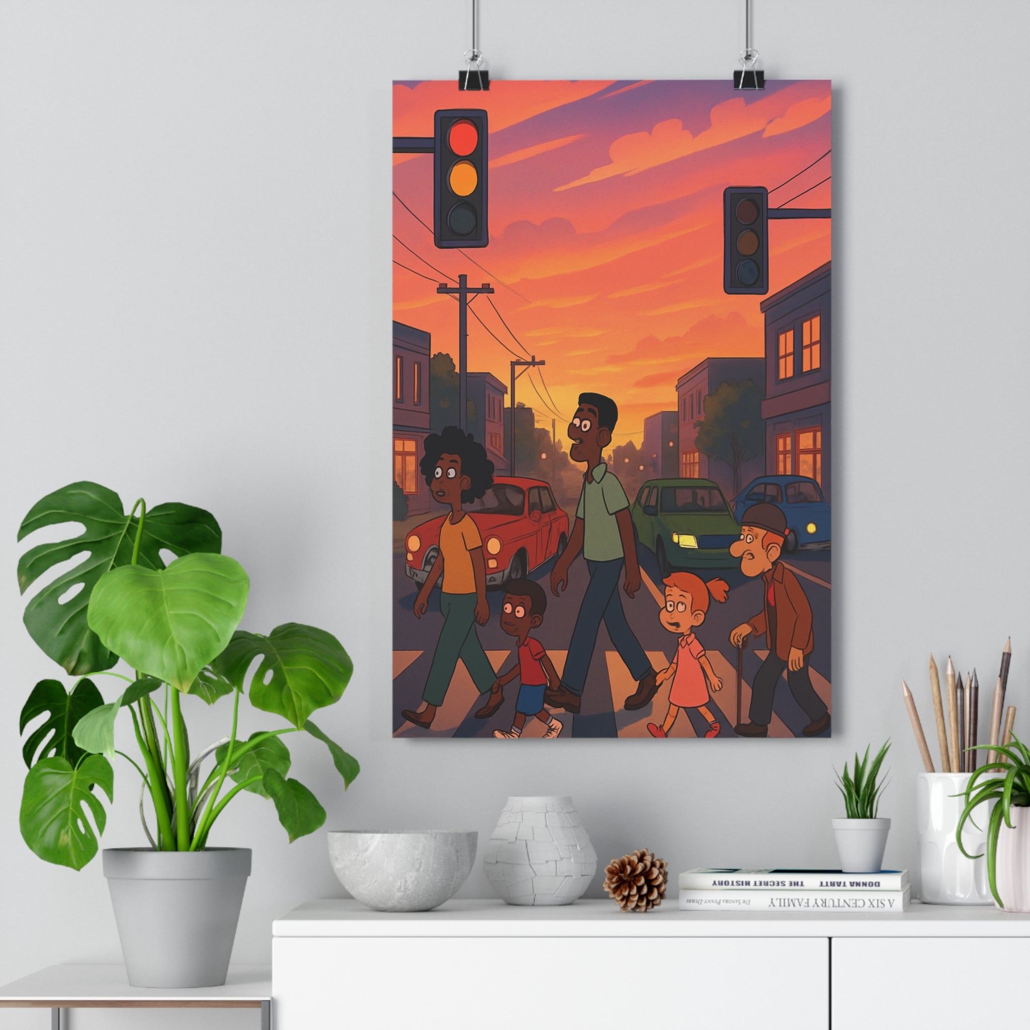 Poster décoratif urbain cartoon orange rose chaleureux dynamique salon bureau moderne qualité premium élégant