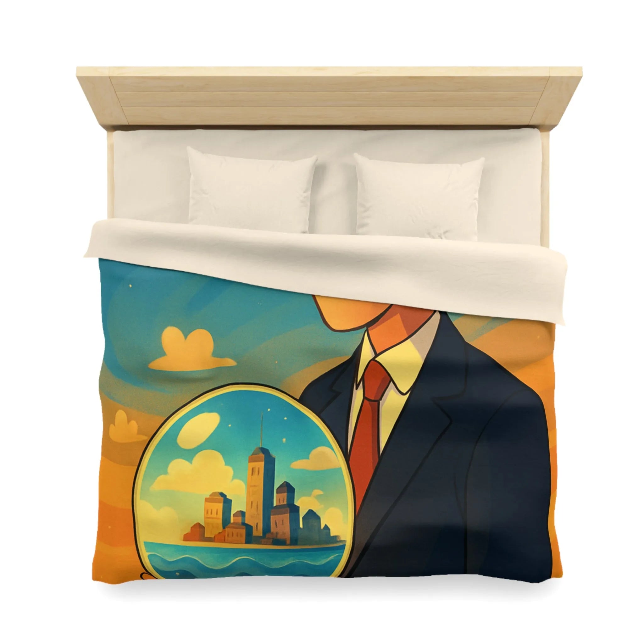 Housse de couette avec illustration surréaliste d'un homme tenant une sphère magique