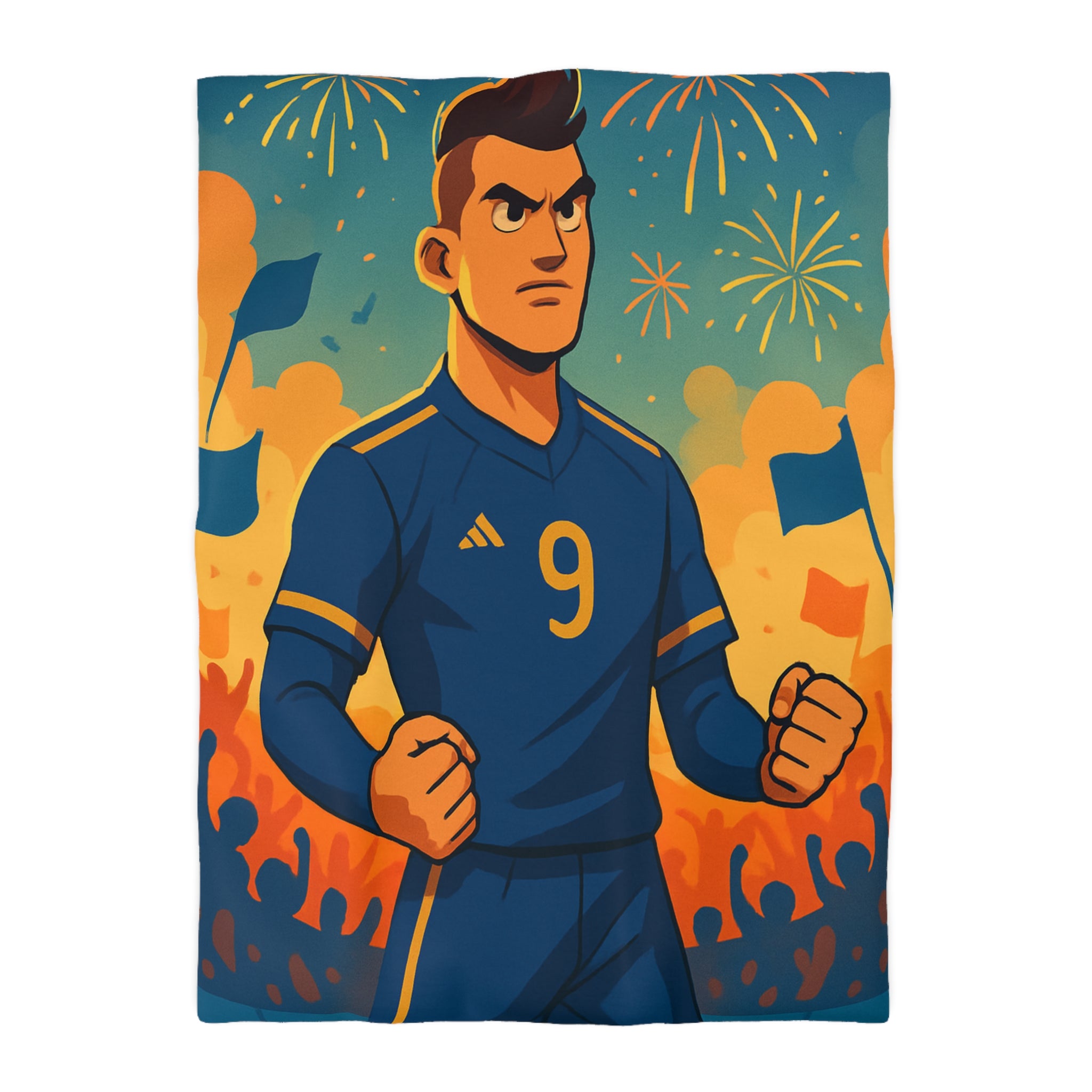 Housse de couette sportive avec joueur de football, feux d'artifice et ambiance festive
