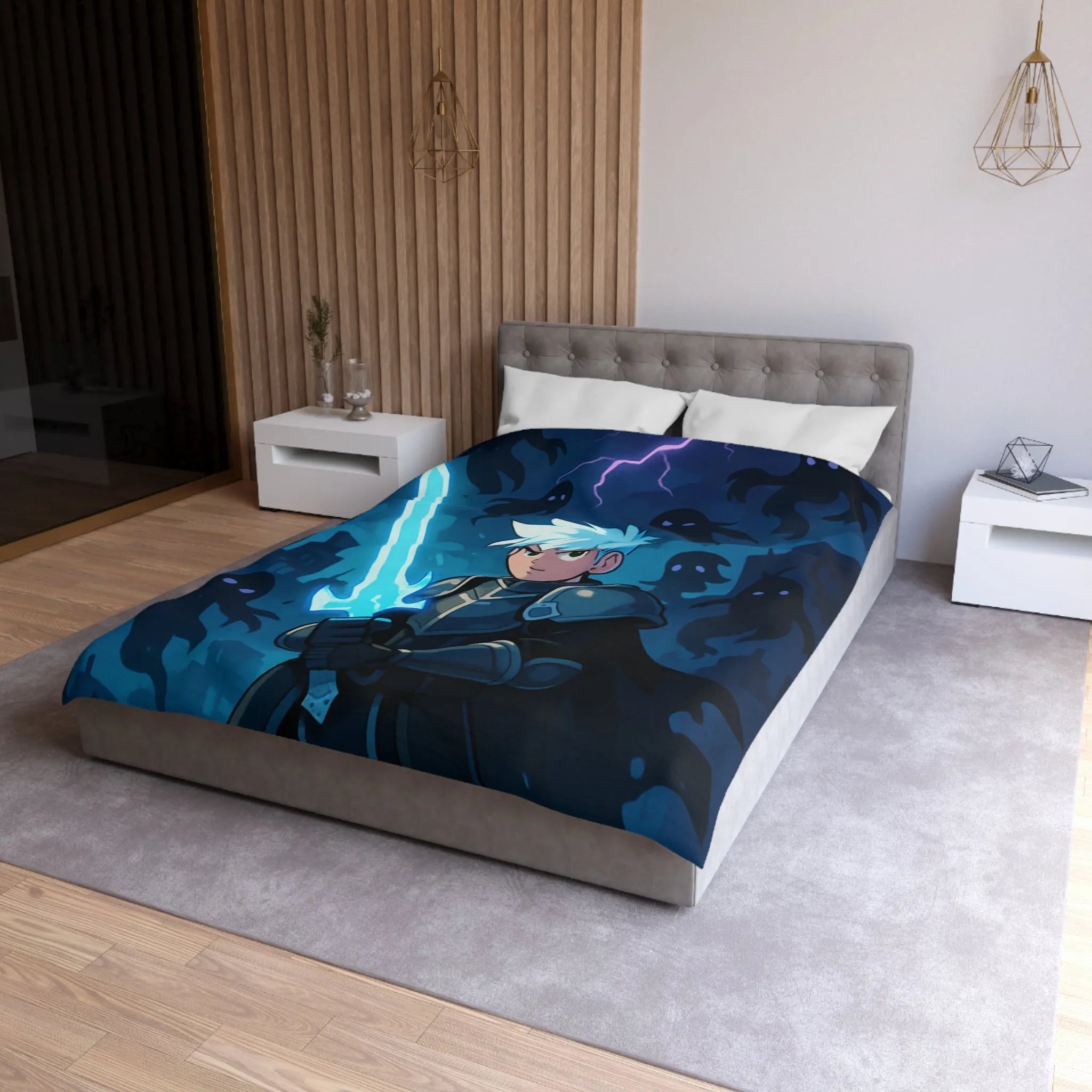 Housse de couette avec chevalier épique et créatures nocturnes sur fond de ville menaçante