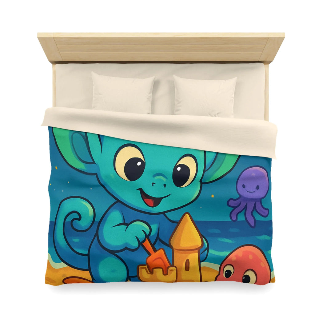 Housse de couette enfant avec créature bleue construisant un château de sable amusant