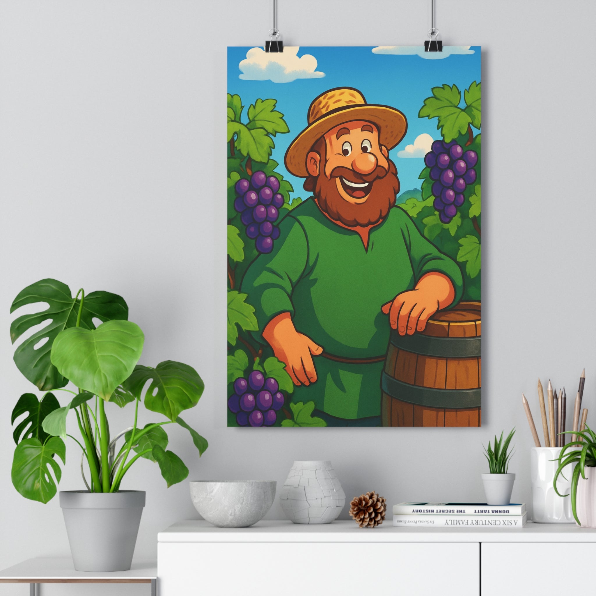 Poster décoratif cartoon vignes raisin violet vert joyeux salon cuisine qualité couleur artistique chaleureux