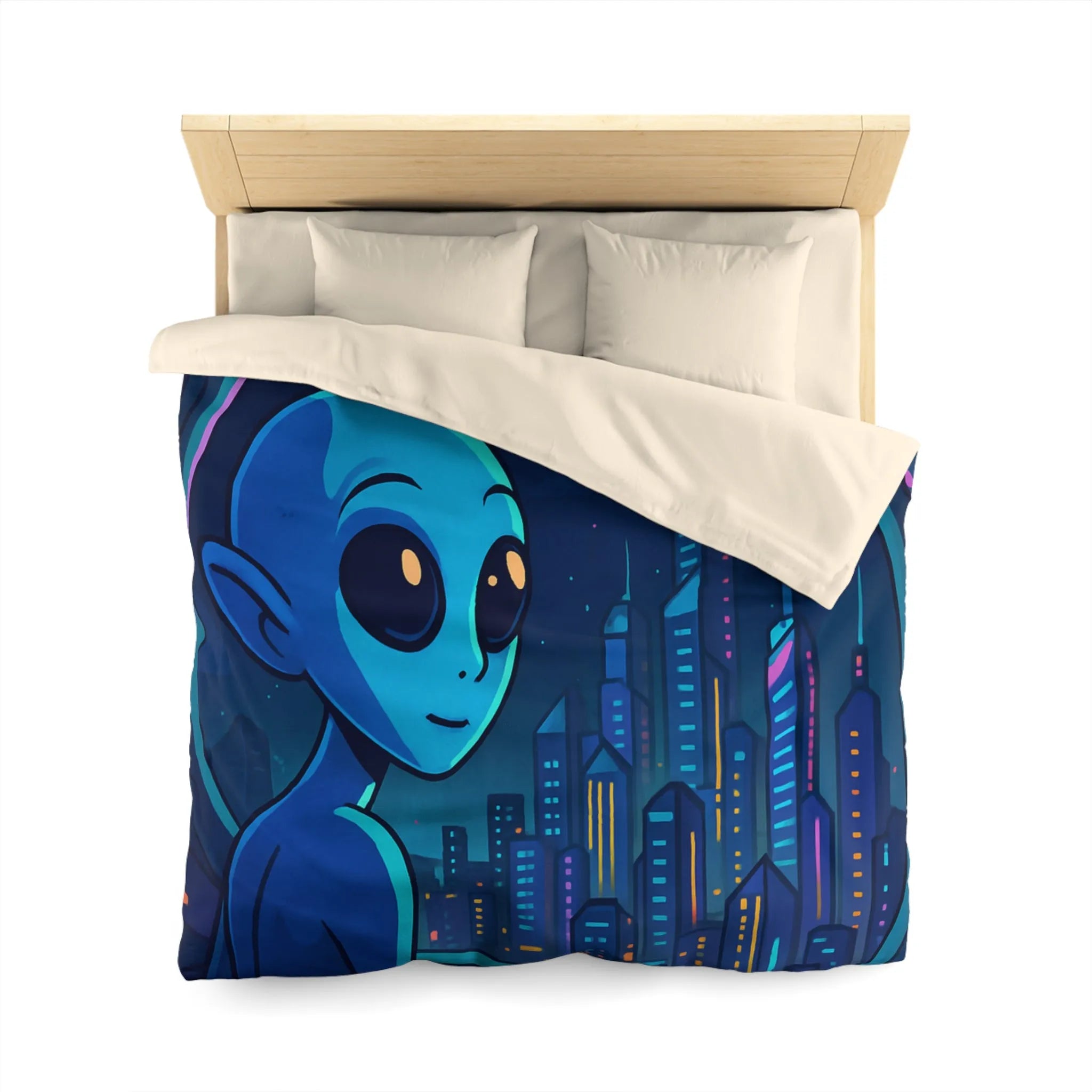 Housse de couette avec extraterrestre bleu contemplant métropole futuriste depuis vaisseau spatial