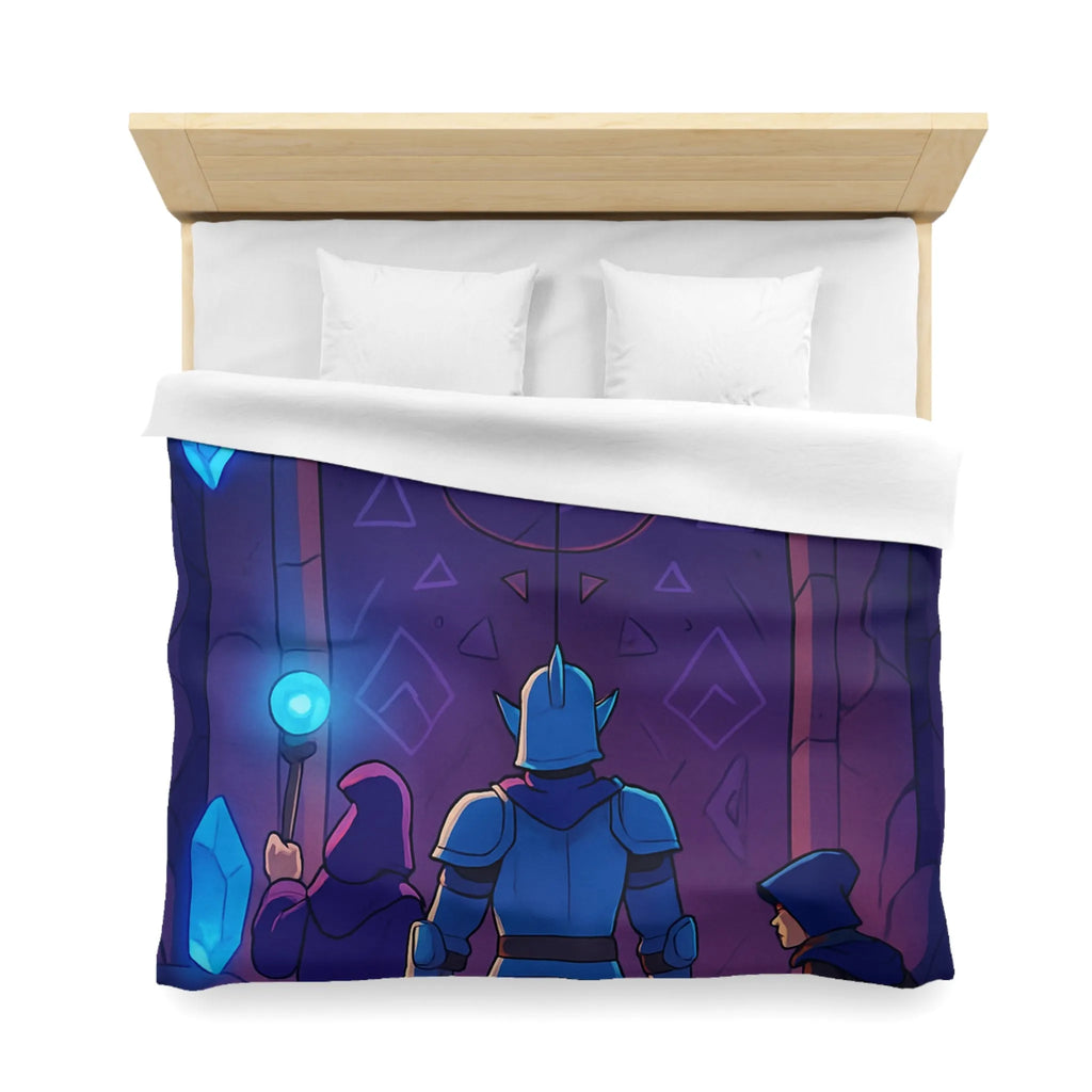 Housse de couette médiévale fantasy avec chevalier et magicien devant porte mystique