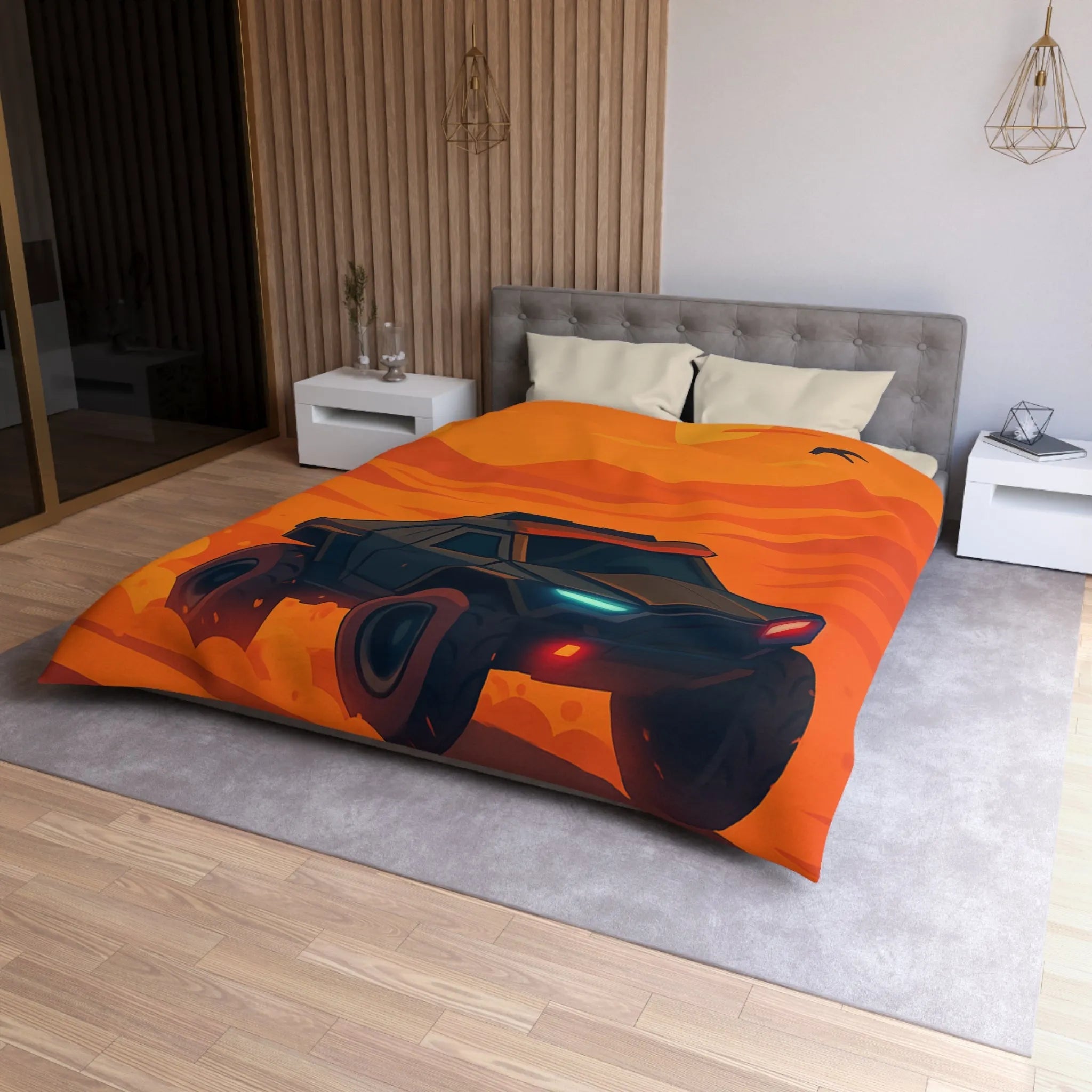 Housse de couette avec design de voiture tout-terrain dans désert orange au coucher du soleil